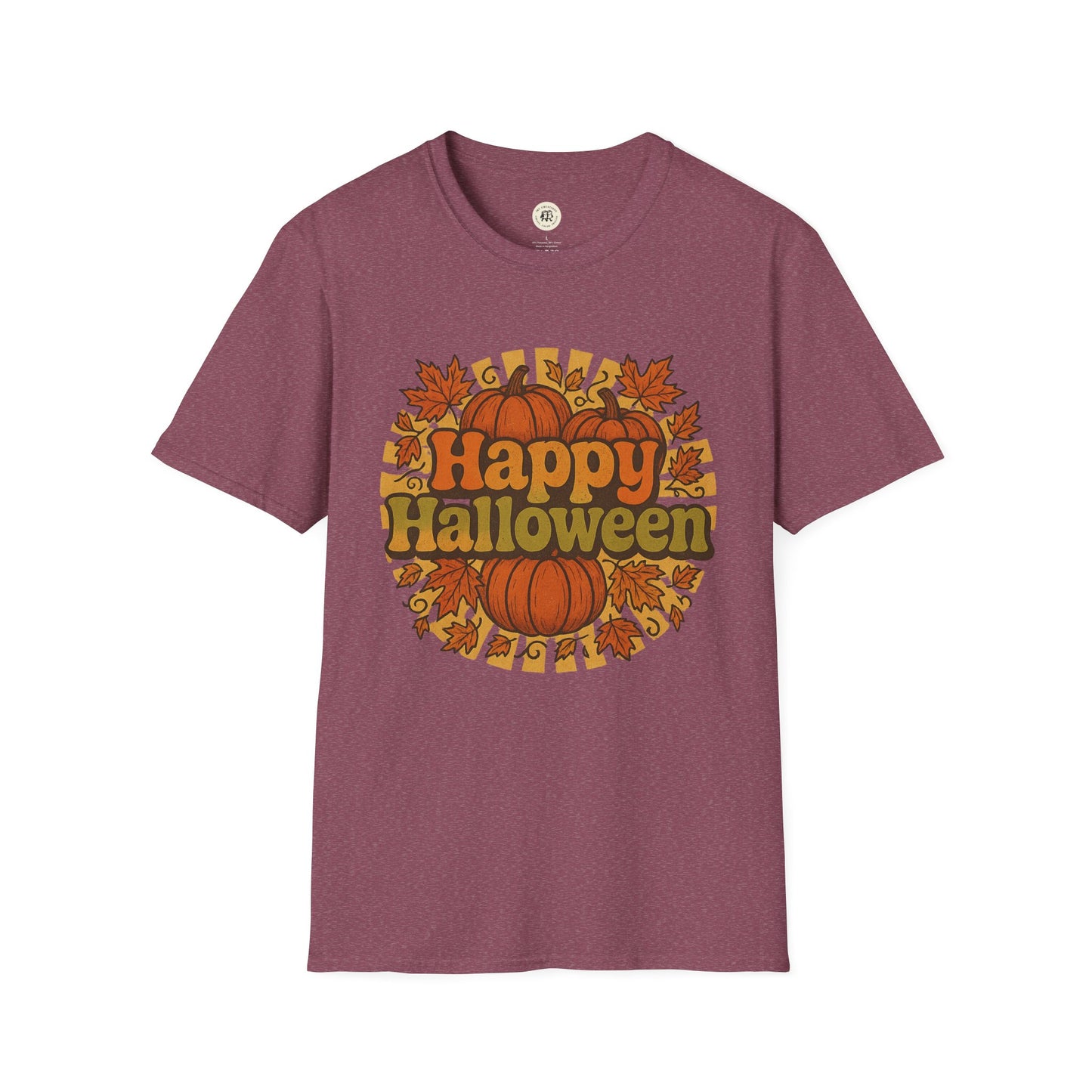Printify happy halloween t-shirt with pumpkins and autumn leaves graphic on maroon fabric