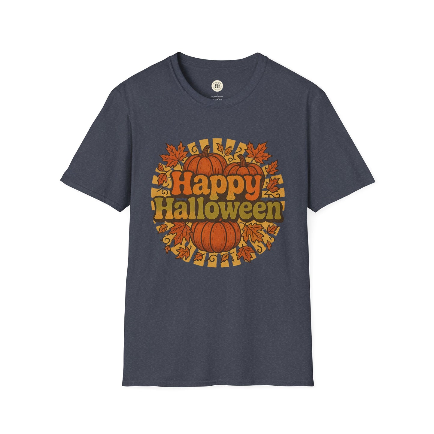 Printify happy halloween t-shirt with pumpkins and autumn leaves design on dark gray fabric