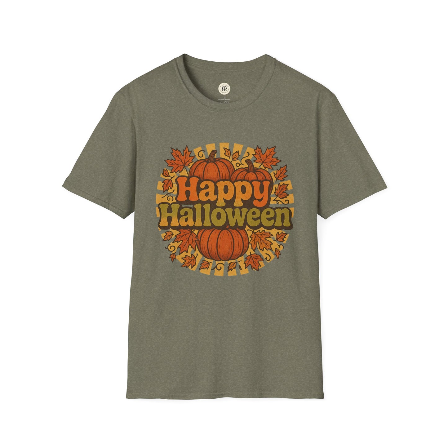 Printify happy halloween t-shirt with pumpkins and autumn leaves on olive green fabric