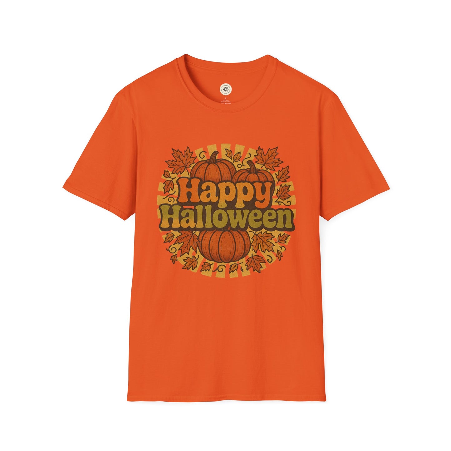 Orange Printify happy halloween t-shirt with pumpkins and autumn leaves graphic design