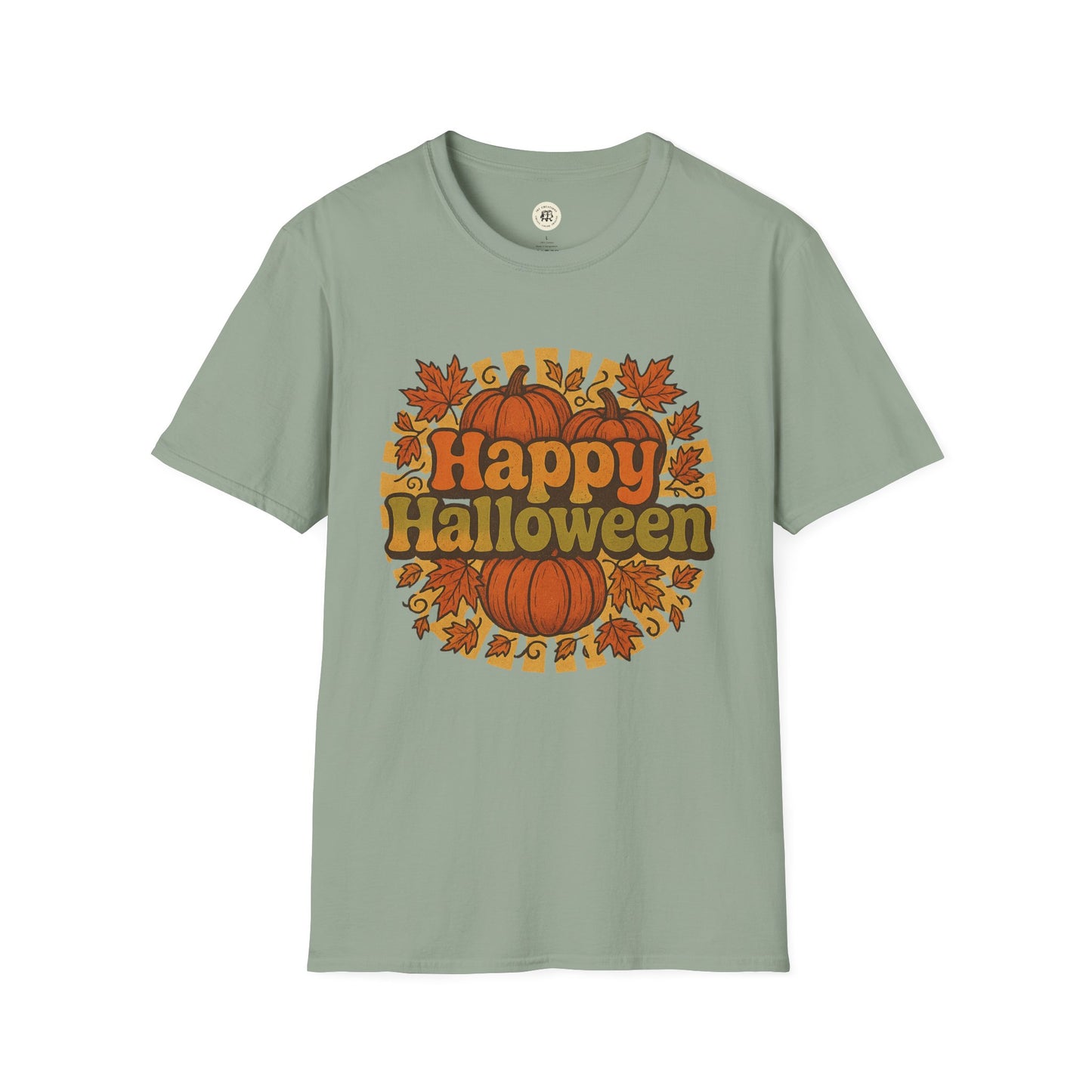 Light green Printify happy halloween t-shirt with vintage pumpkins and autumn leaves design