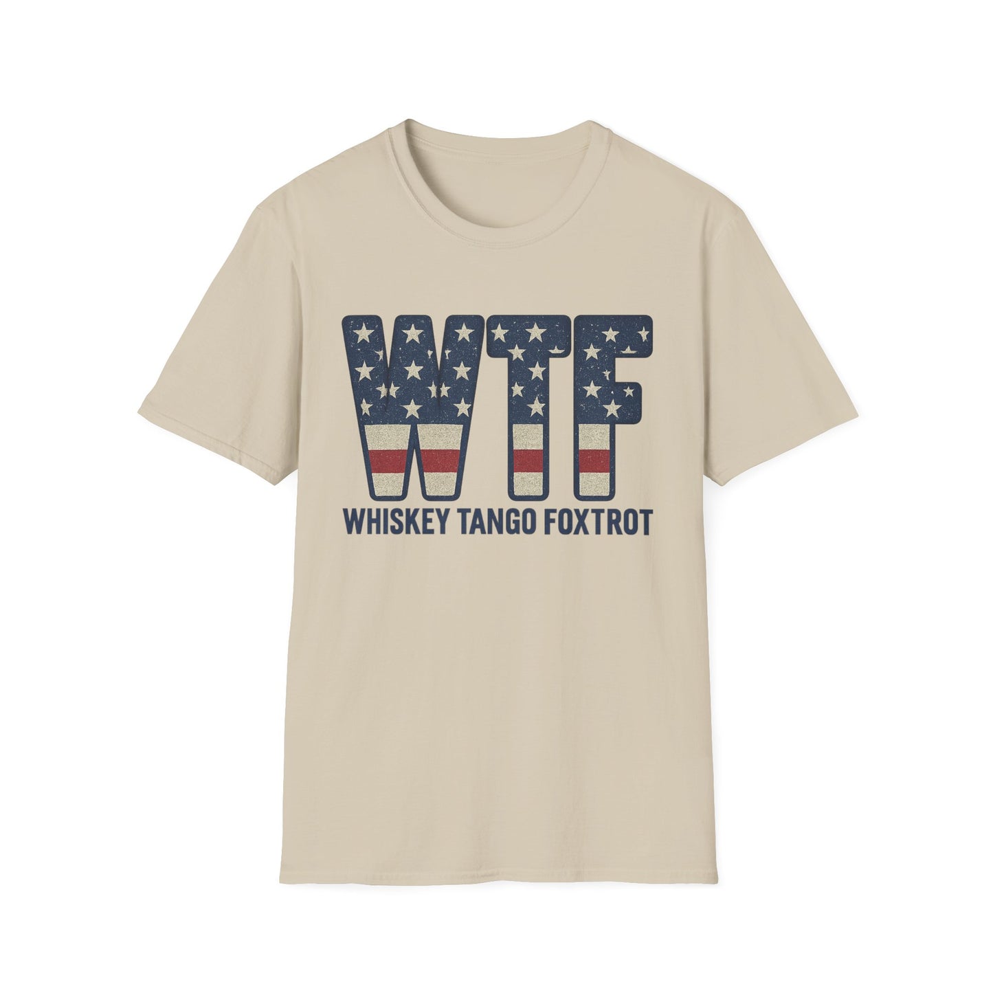 Beige whiskey tango foxtrot shirt with American flag design on bold WTF letters by Printify