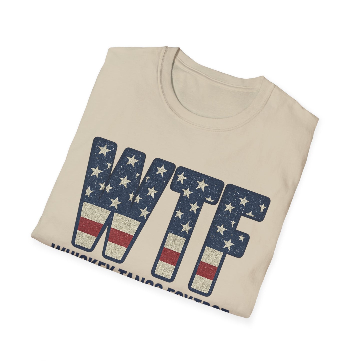 Printify whiskey tango foxtrot shirt in beige with American flag design on WTF letters