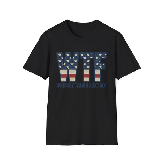 Black Printify whiskey tango foxtrot shirt with large patriotic USA flag design on front