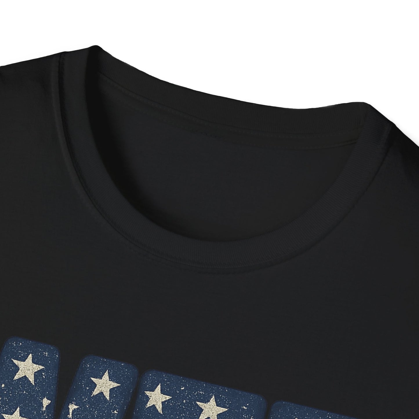 Black whiskey tango foxtrot shirt by Printify with white star design and round neckline