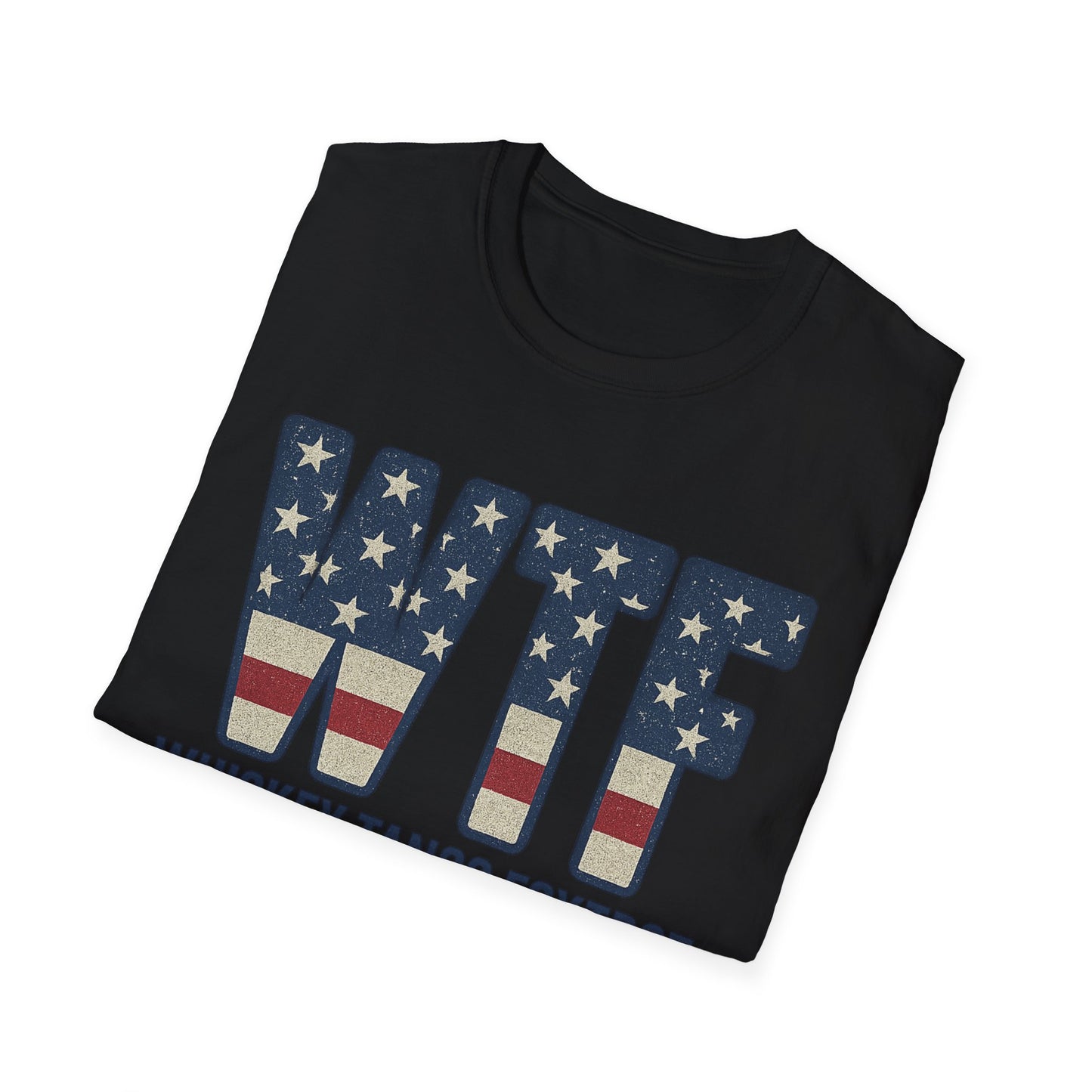 Black whiskey tango foxtrot shirt with WTF letters in American flag design folded neatly