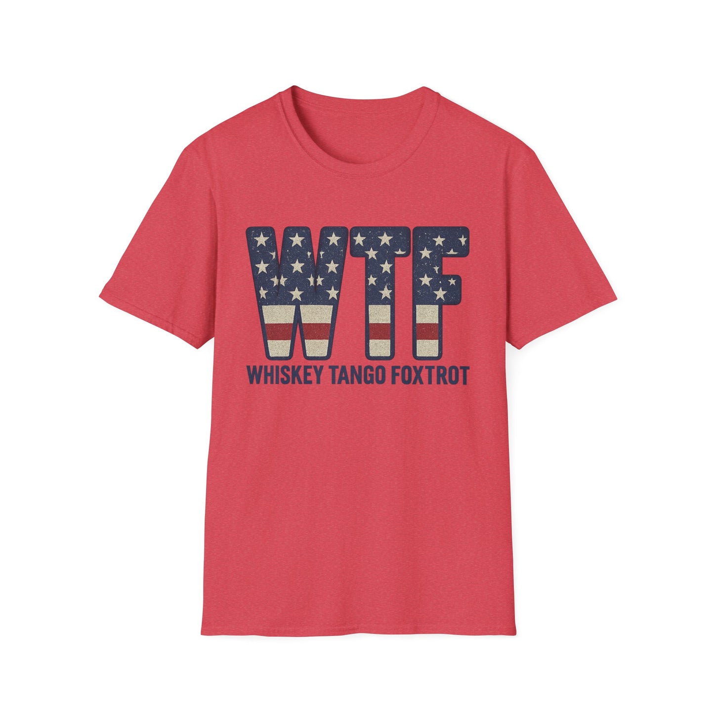 Red whiskey tango foxtrot shirt with American flag style WTF text on front by Printify