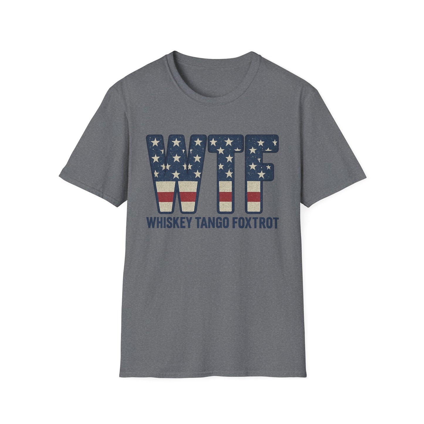 Gray Printify t-shirt with patriotic stars and stripes design and whiskey tango foxtrot shirt text