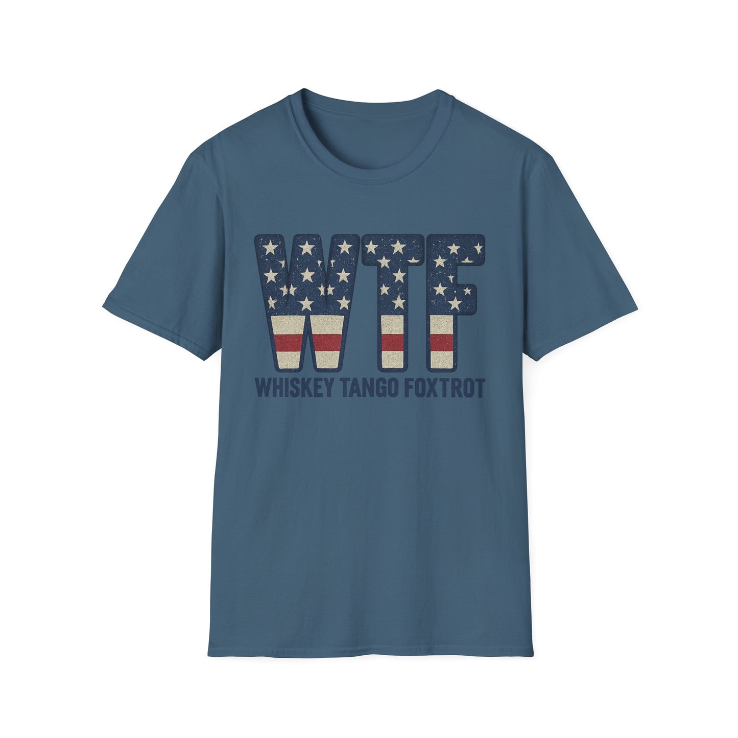 Blue whiskey tango foxtrot shirt with patriotic American flag design on front from Printify
