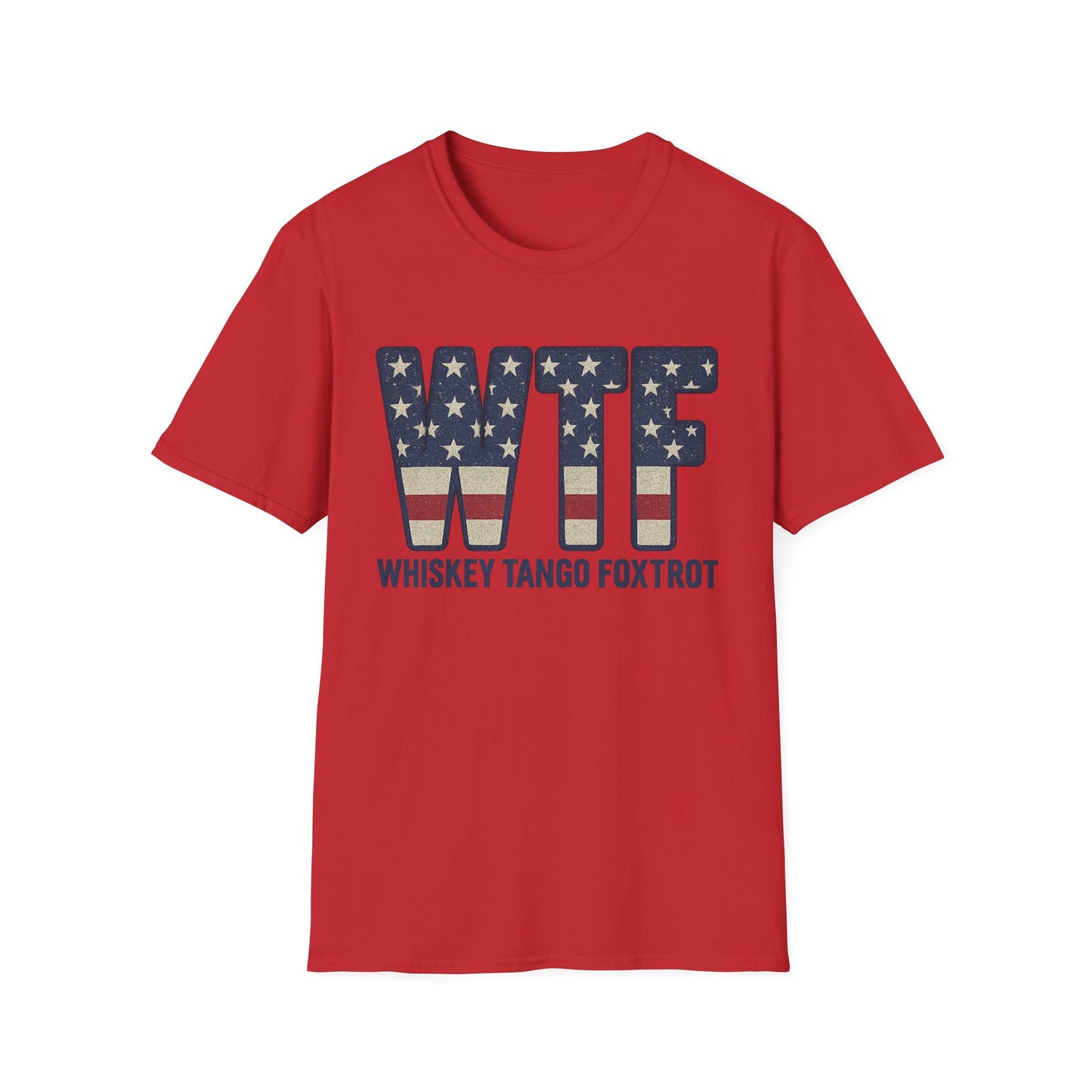 Red whiskey tango foxtrot shirt with vintage American flag style WTF letters by Printify