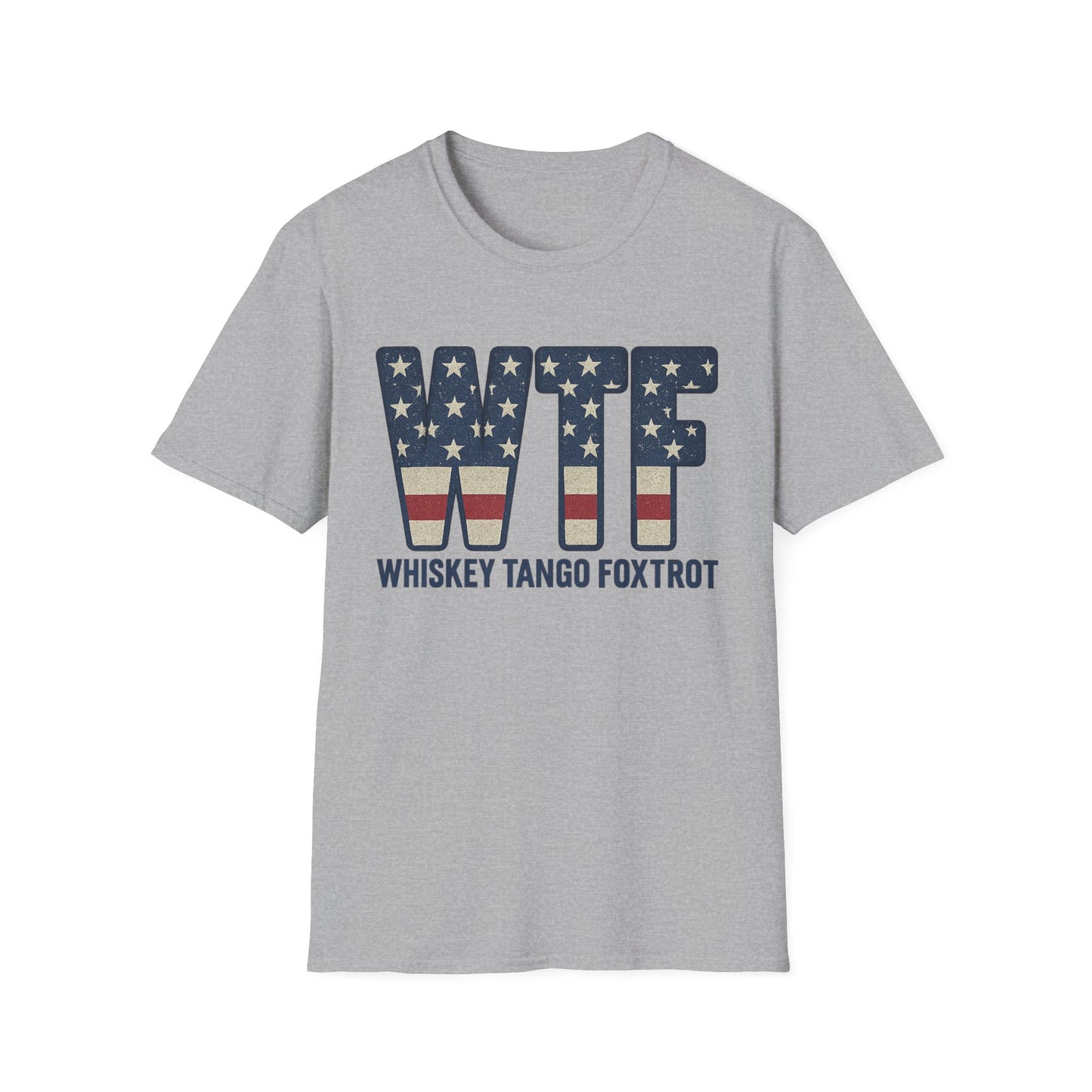 Gray Printify whiskey tango foxtrot shirt with WTF letters in American flag design