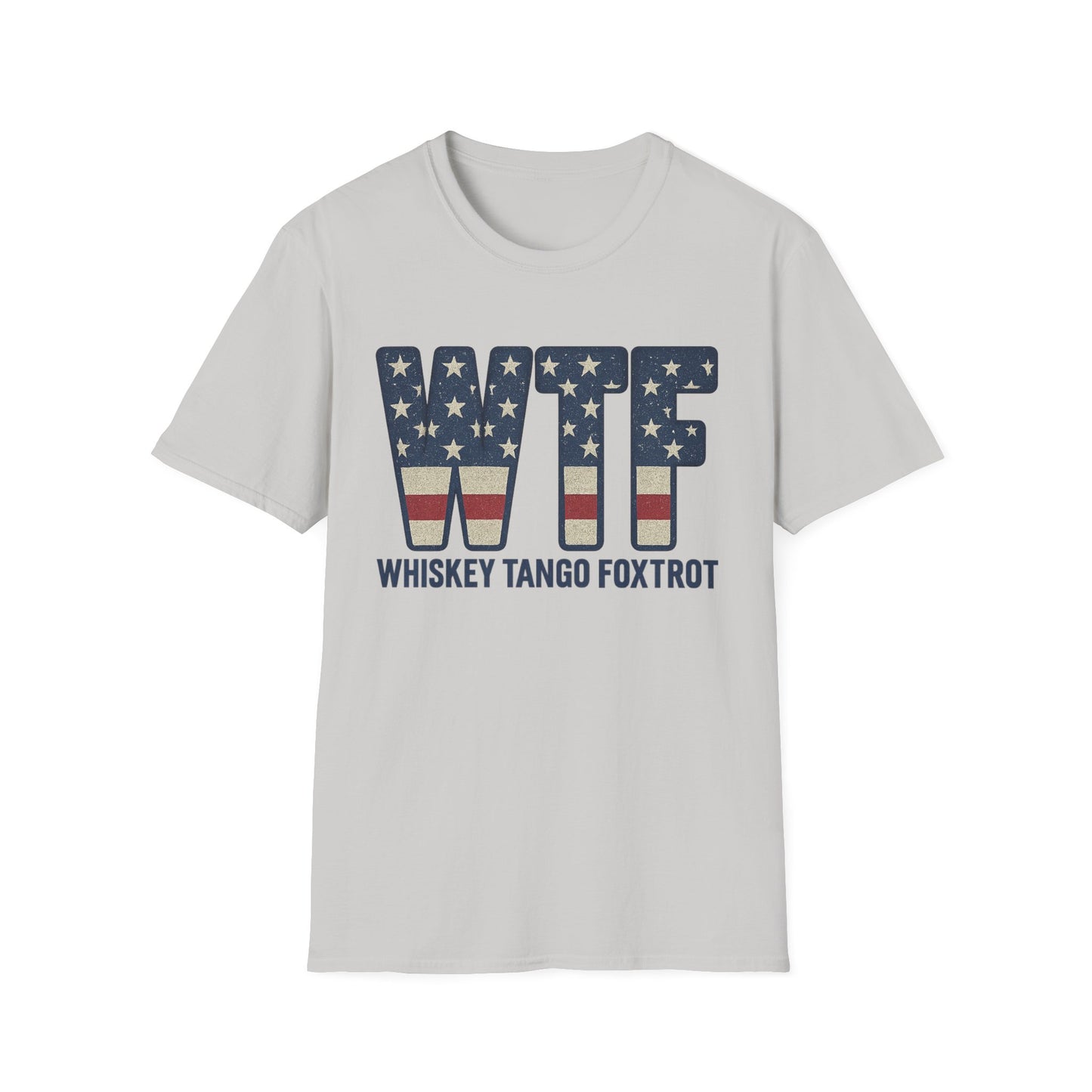 Light gray whiskey tango foxtrot shirt with American flag design on letters WTF by Printify