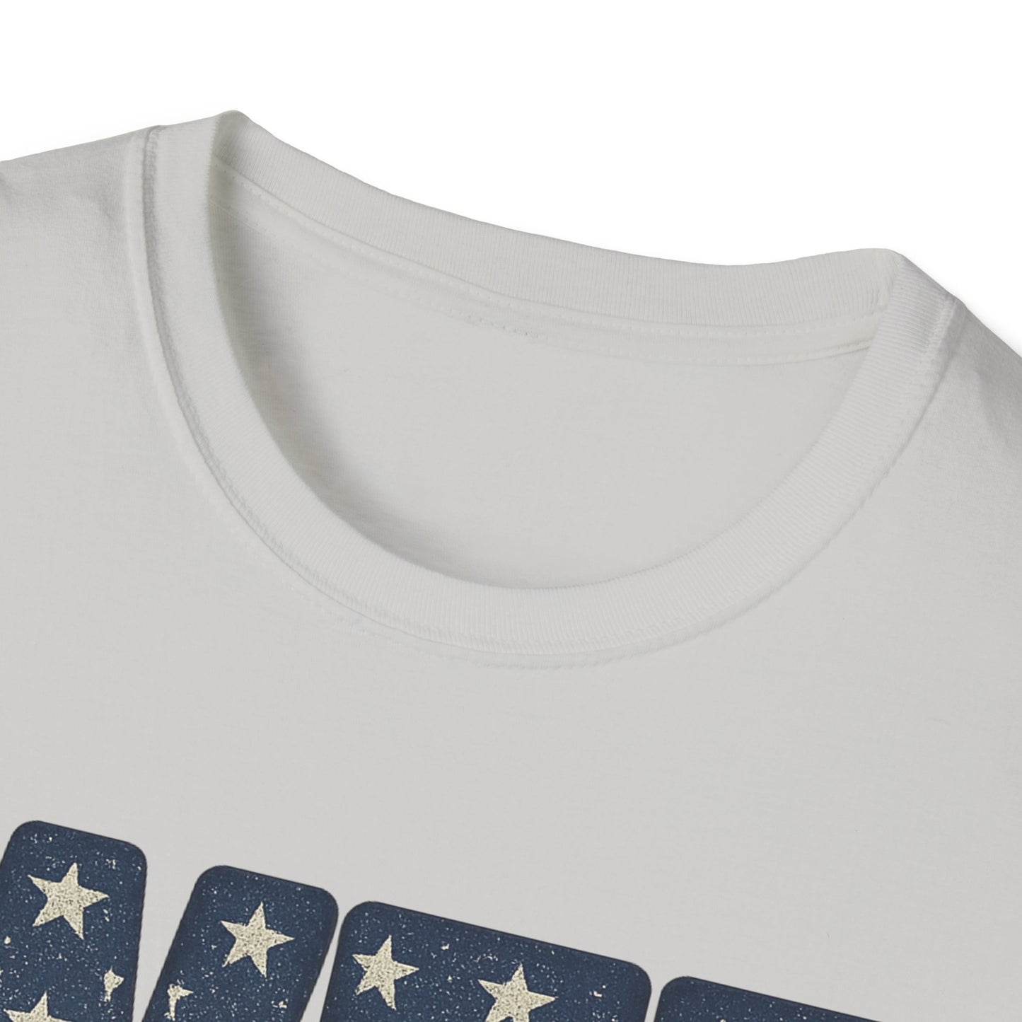 White whiskey tango foxtrot shirt with a close-up of the round neckline and part of the printed star design