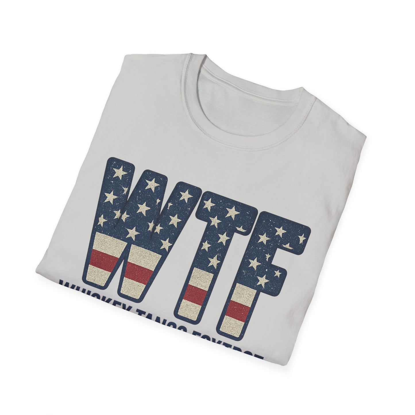 White whiskey tango foxtrot shirt with patriotic stars and stripes design from Printify