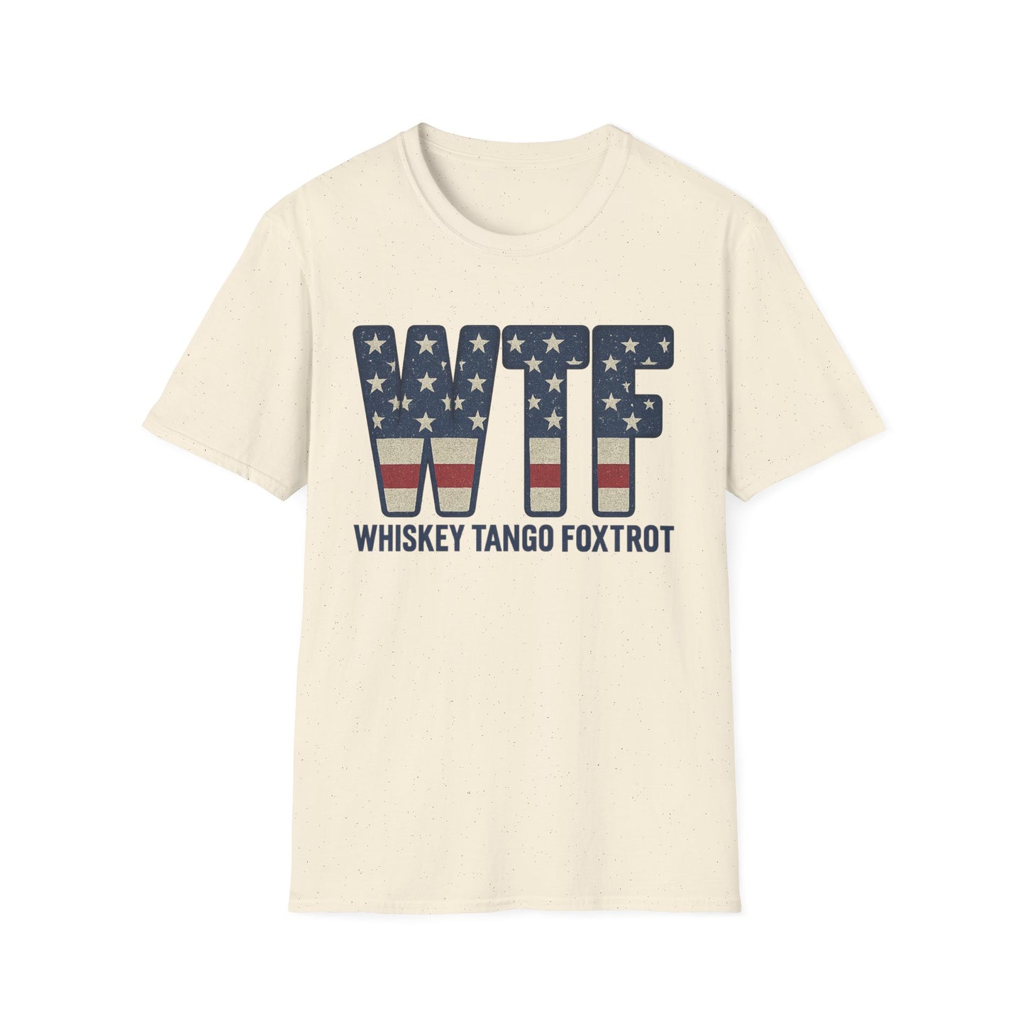 Printify whiskey tango foxtrot shirt in cream with patriotic American flag design on front