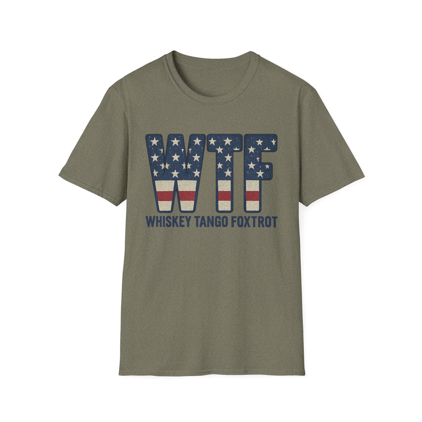 Printify whiskey tango foxtrot shirt with American flag design on olive green cotton t-shirt