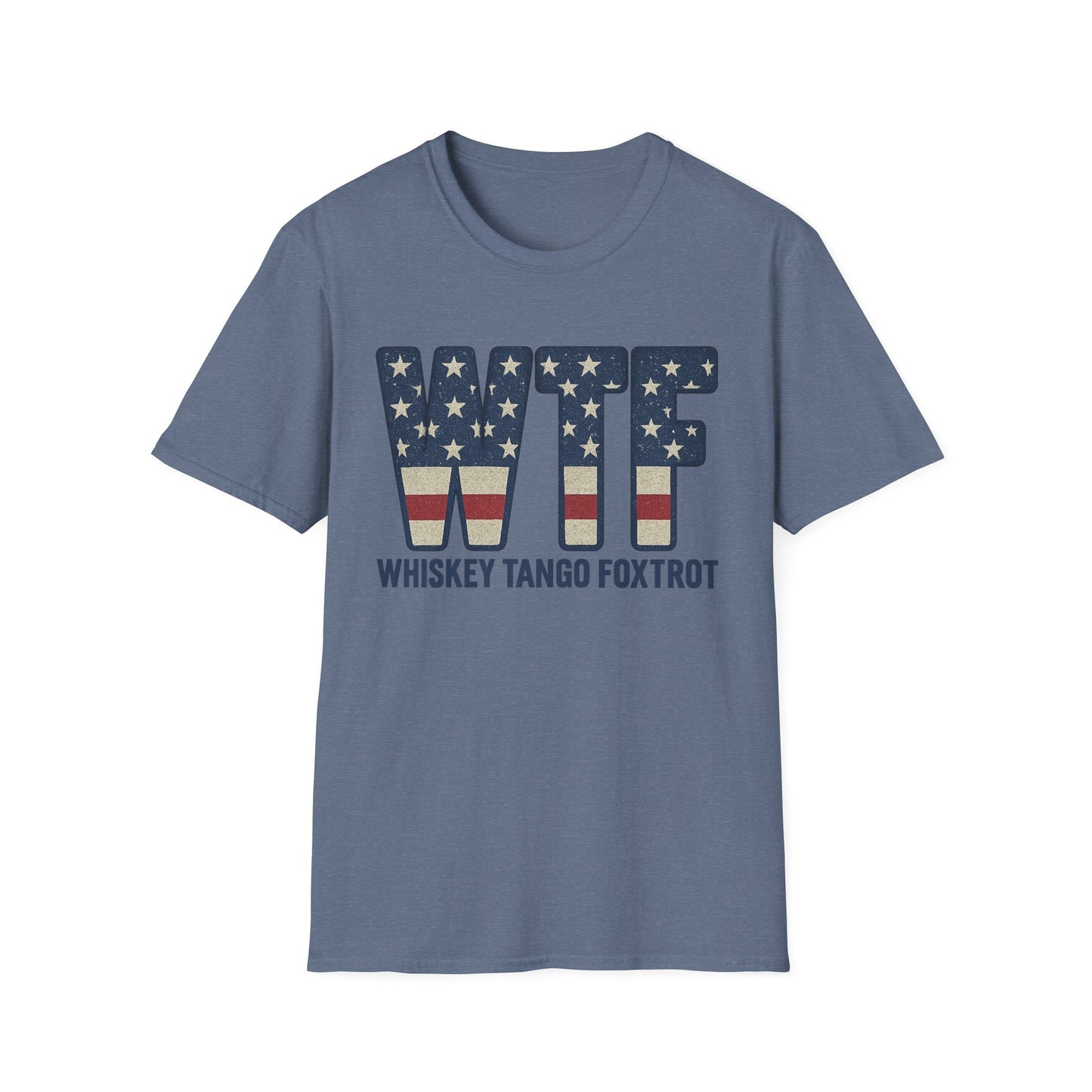 Printify whiskey tango foxtrot shirt with patriotic stars and stripes design on blue tee