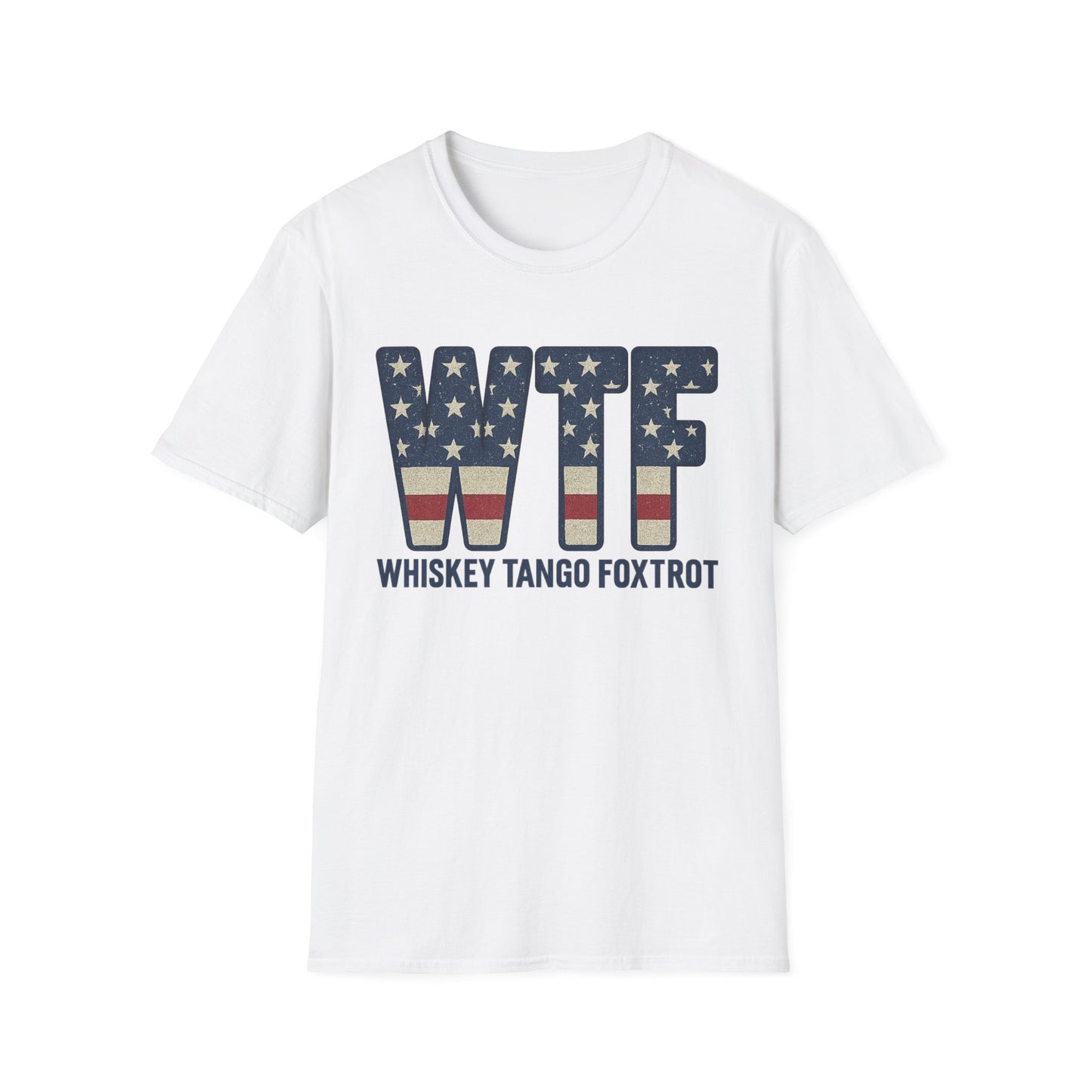 White whiskey tango foxtrot shirt with stars and stripes design on front print by Printify