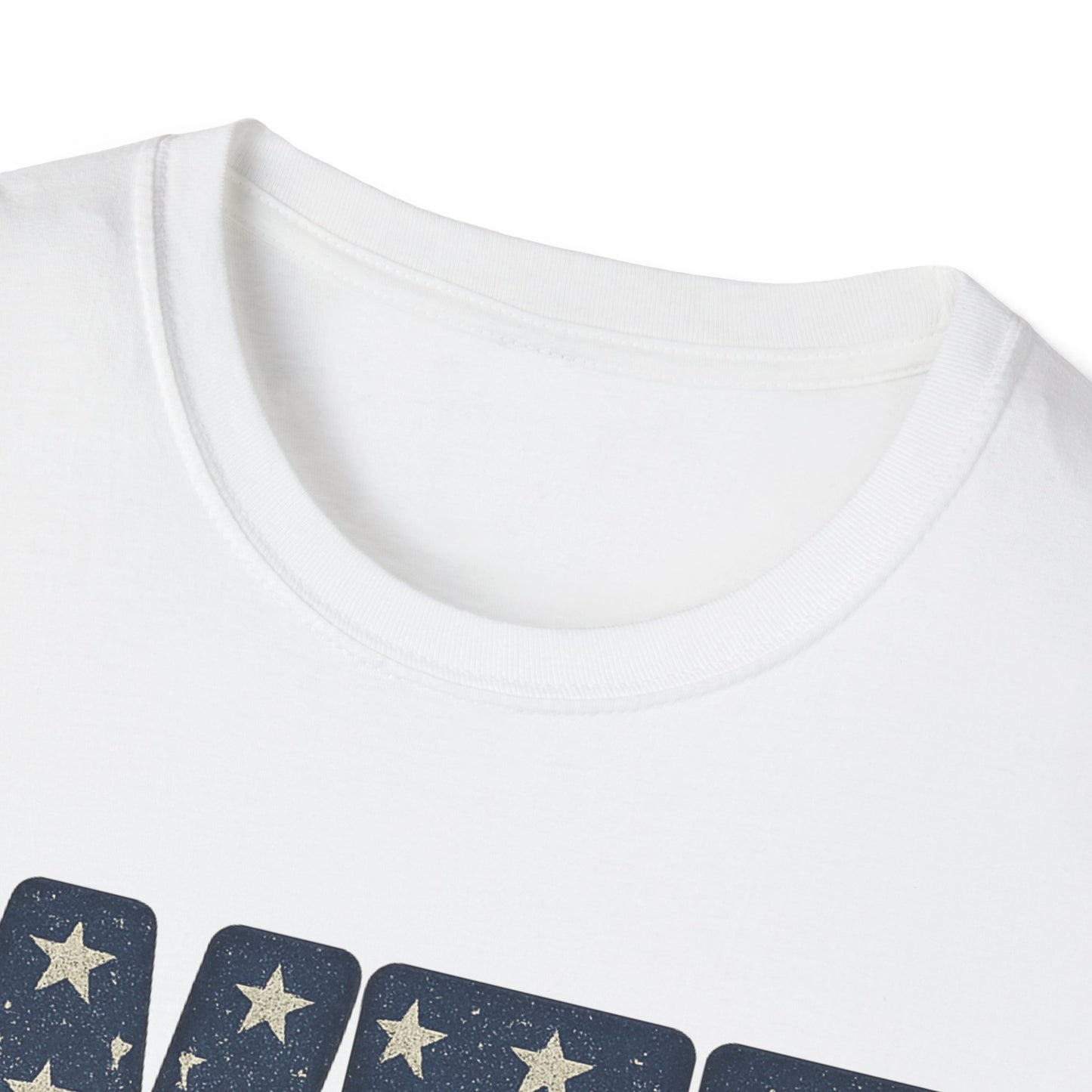 Close-up of a white Printify whiskey tango foxtrot shirt with star-patterned lettering on the front