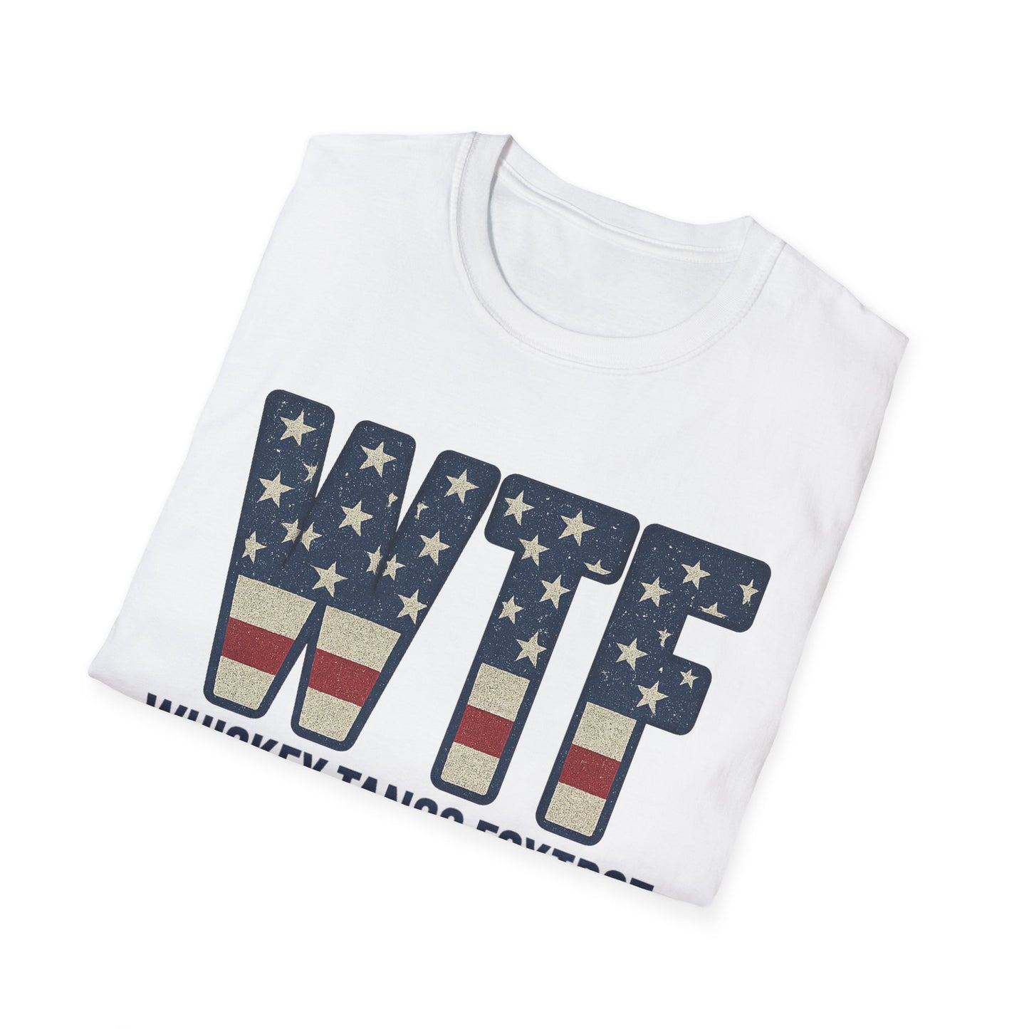 White whiskey tango foxtrot shirt with WTF letters in American flag design folded neatly