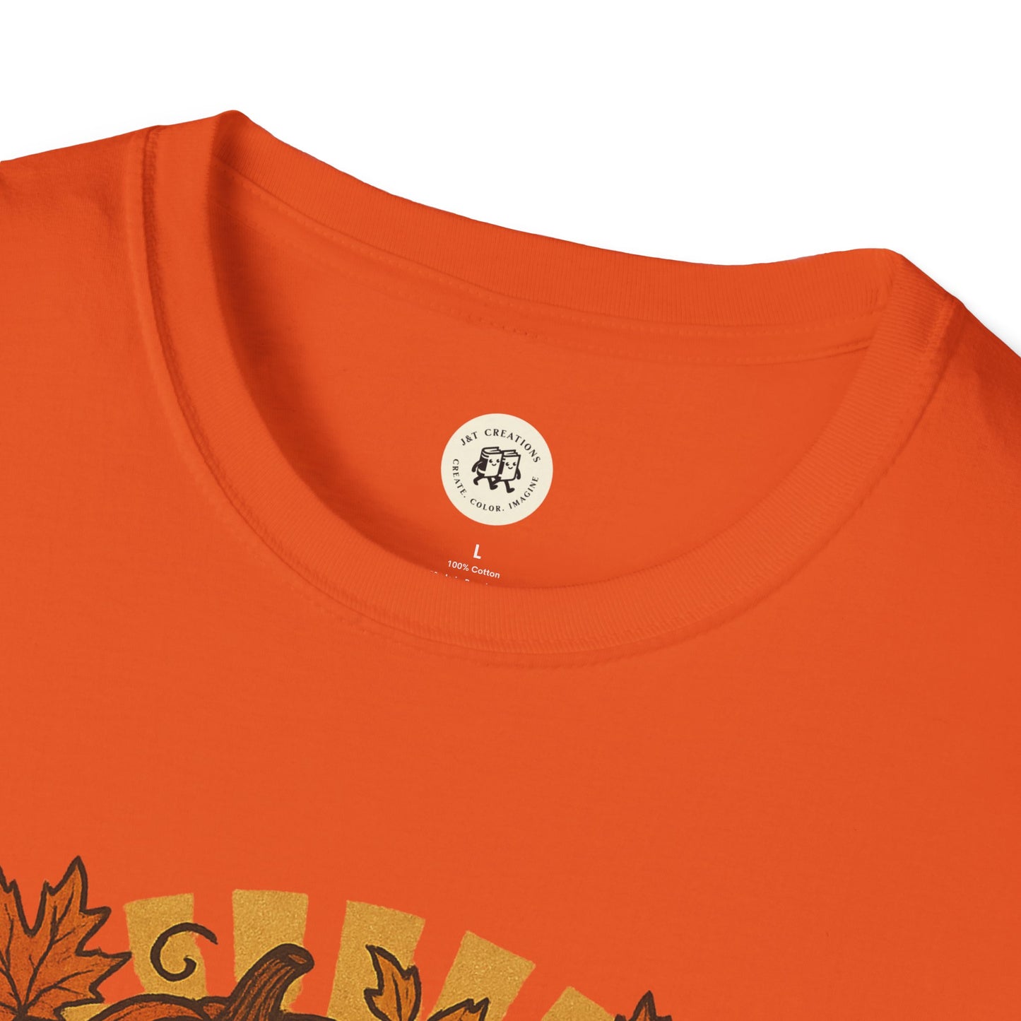 Orange happy halloween t-shirt by Printify featuring fall leaves and festive design close-up