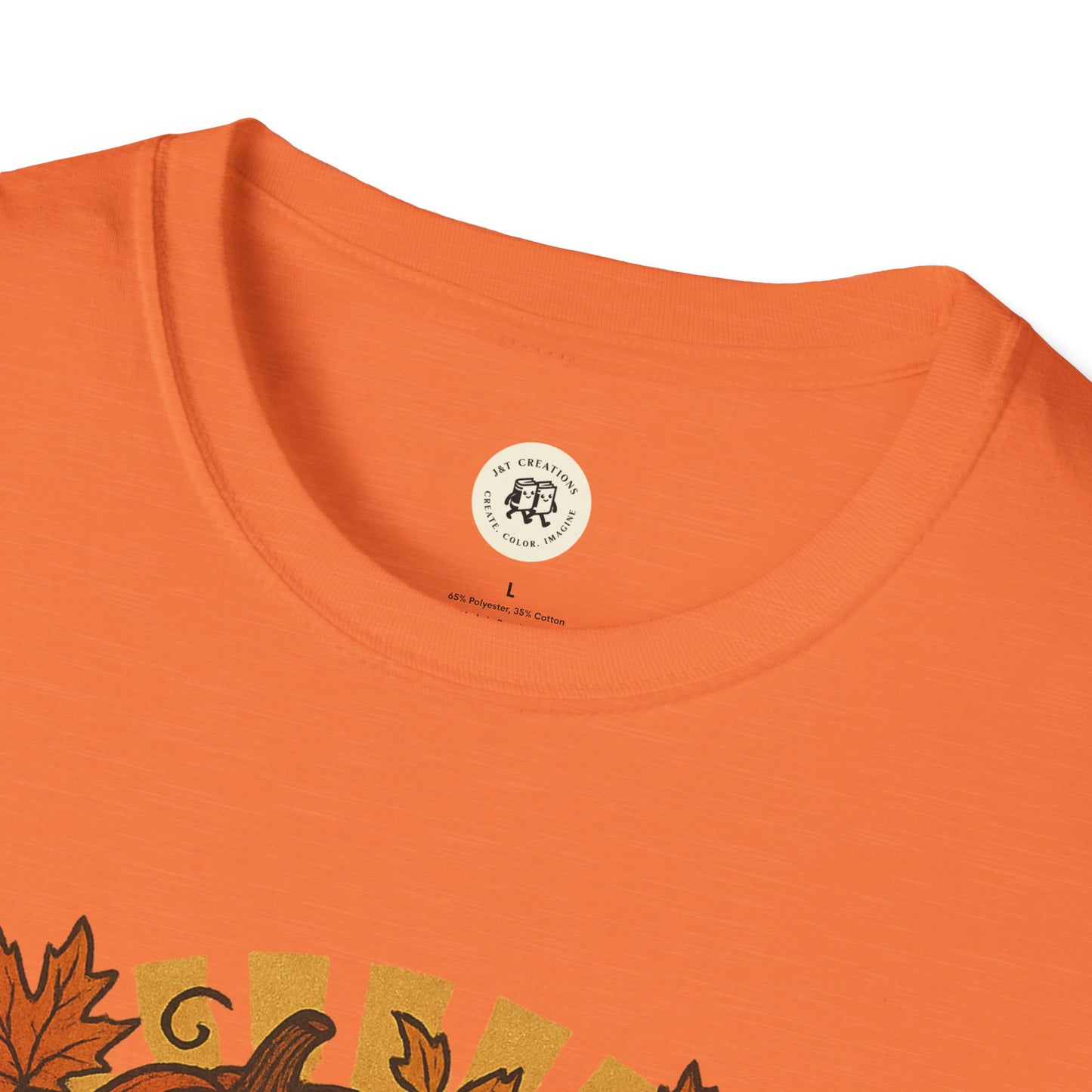 Printify orange happy halloween t-shirt with round neck and autumn leaf design