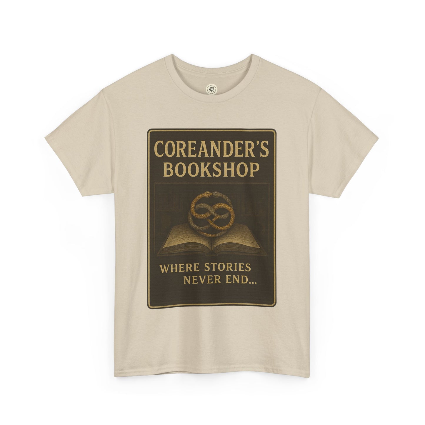 Printify beige Neverending Story t-shirt featuring Coreander's Bookshop design with open book and text