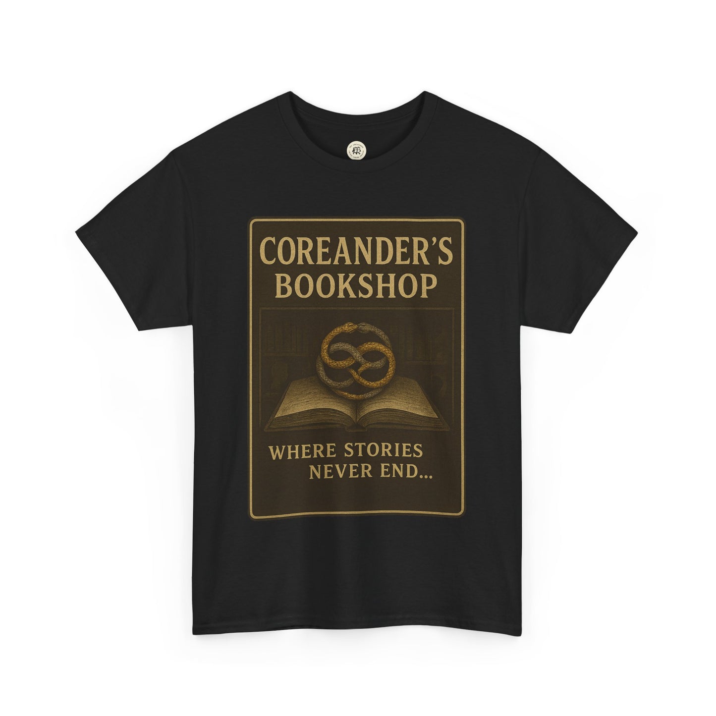 Black Neverending Story t-shirt with Coreander's Bookshop graphic and vintage style text