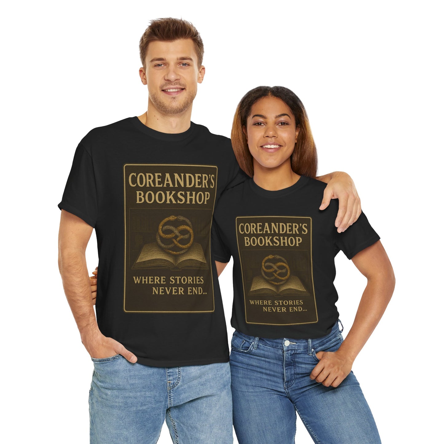 Printify Neverending Story t-shirt featuring Coreander's Bookshop design worn by man and woman