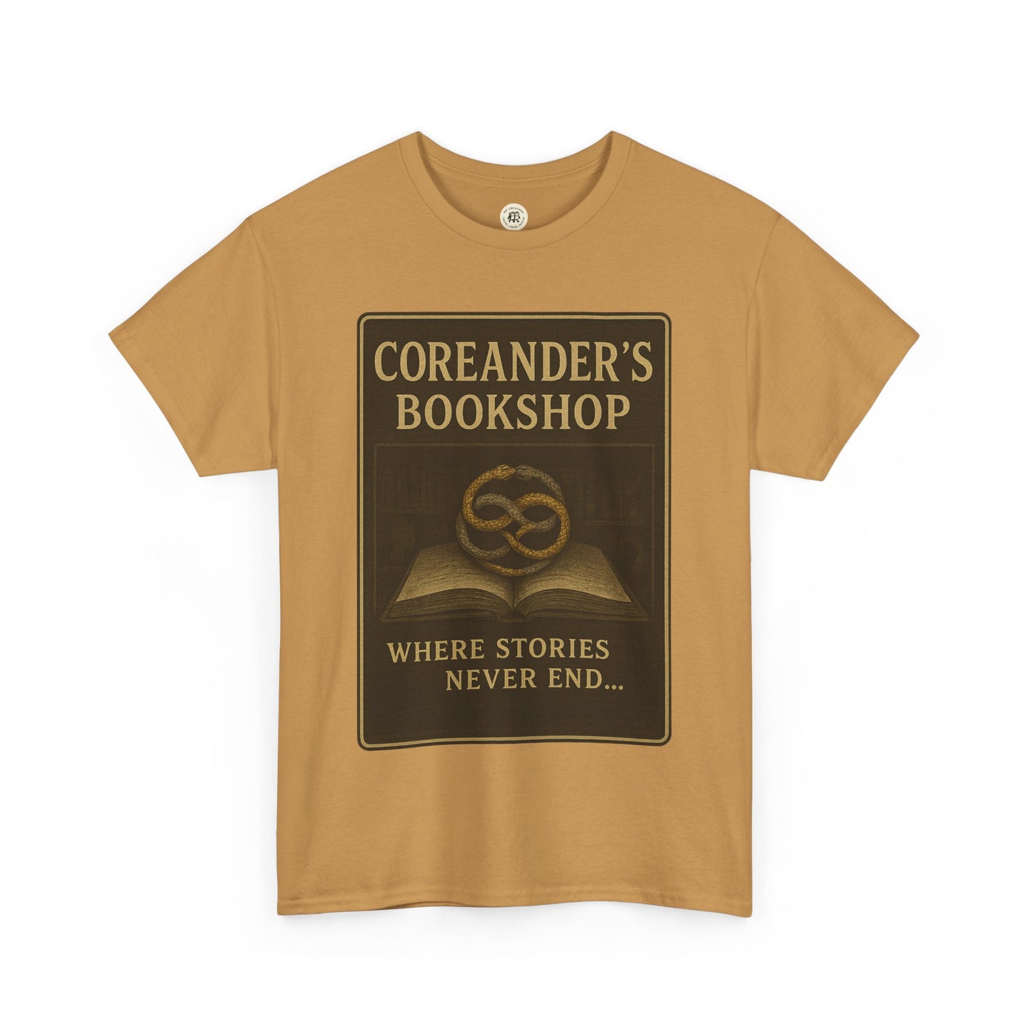 Neverending Story t-shirt by Printify featuring Coreander's Bookshop design with book and quote