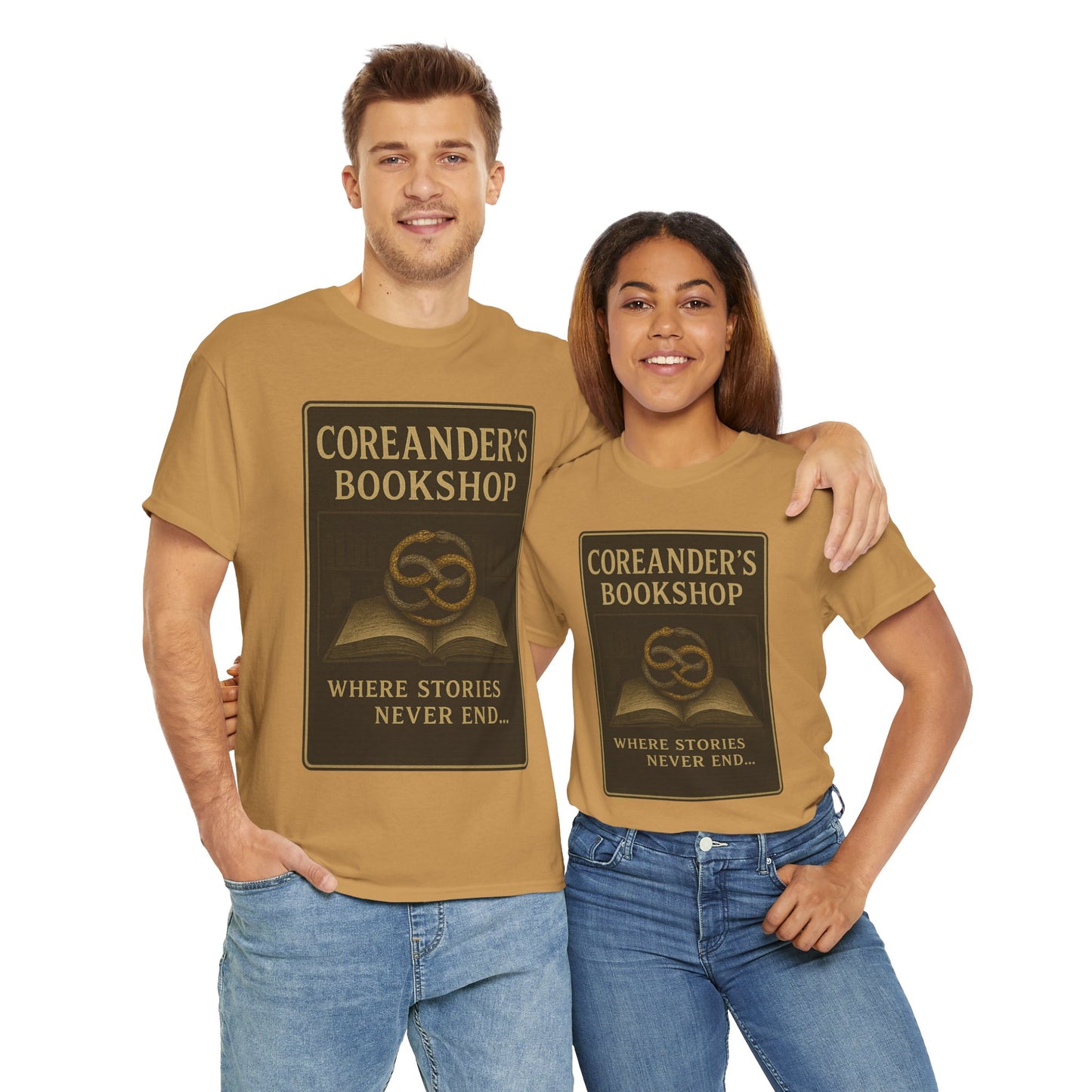 Printify Neverending Story t-shirt with Coreander's Bookshop design worn by man and woman