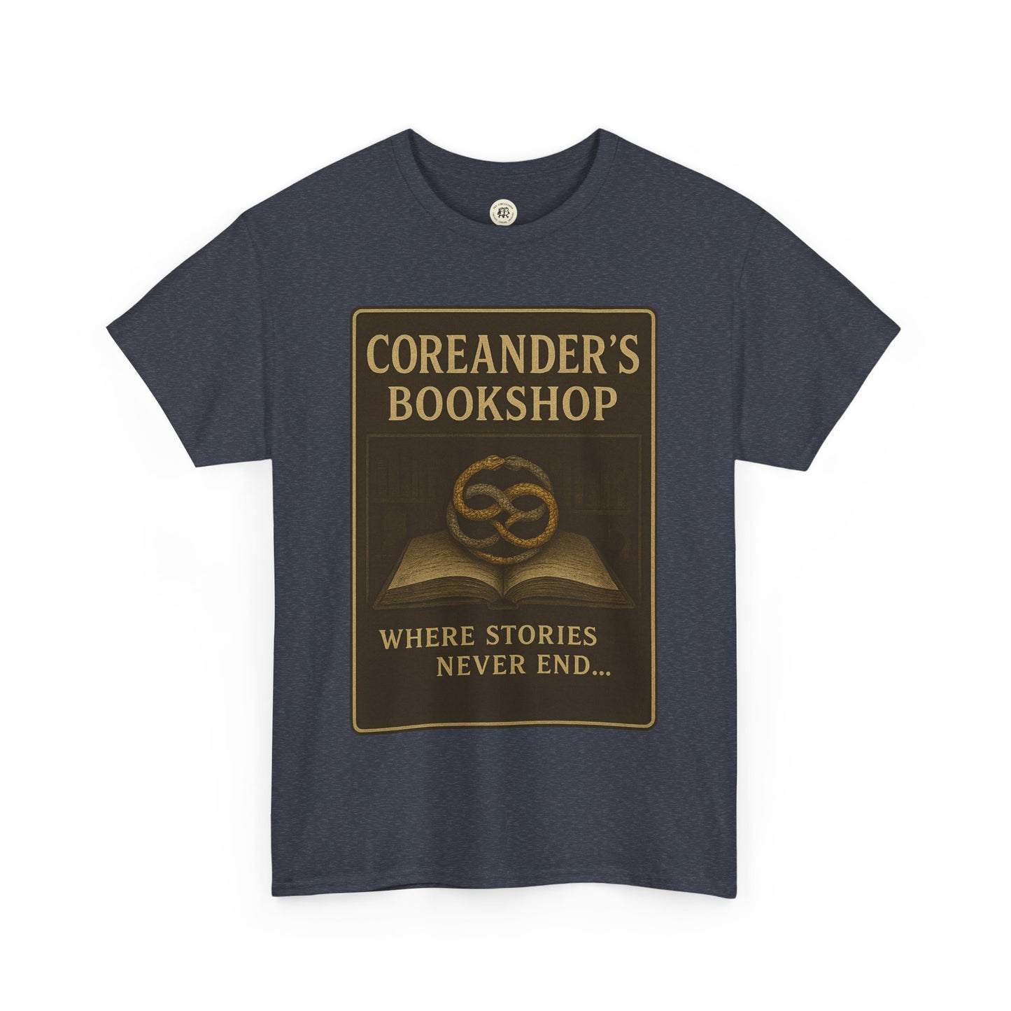 Neverending Story t-shirt with Coreander's Bookshop design and vintage open book graphic
