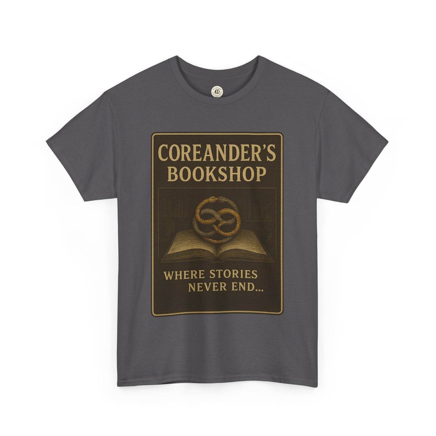 Printify Neverending Story t-shirt with Coreander's Bookshop design on dark gray fabric
