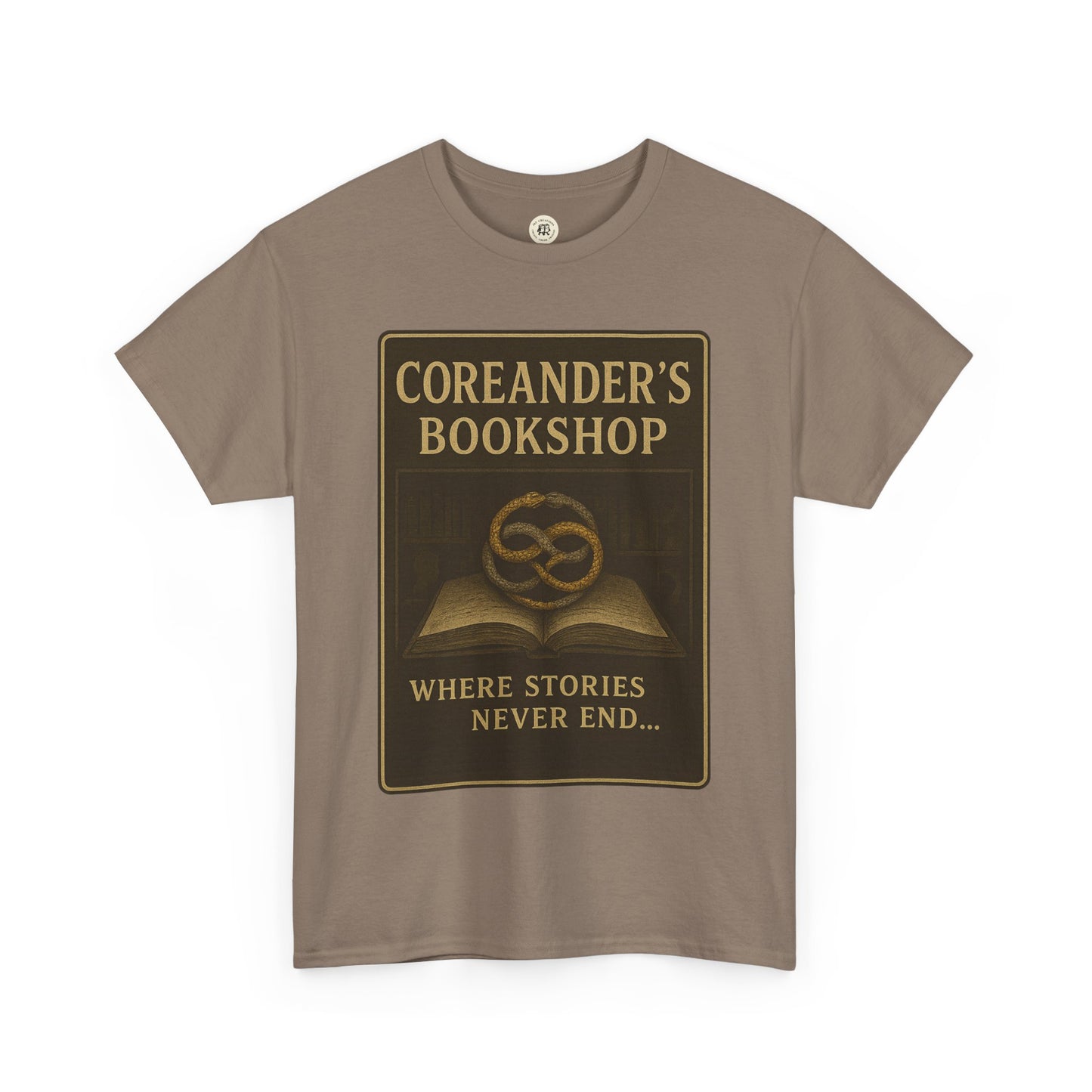 Printify Neverending Story t-shirt with Coreander's Bookshop vintage design in brown