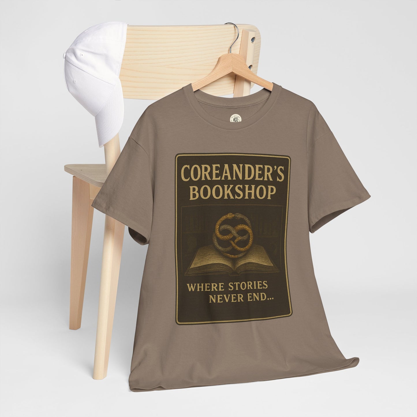 Printify Neverending Story t-shirt with Coreander's Bookshop vintage design in brown1