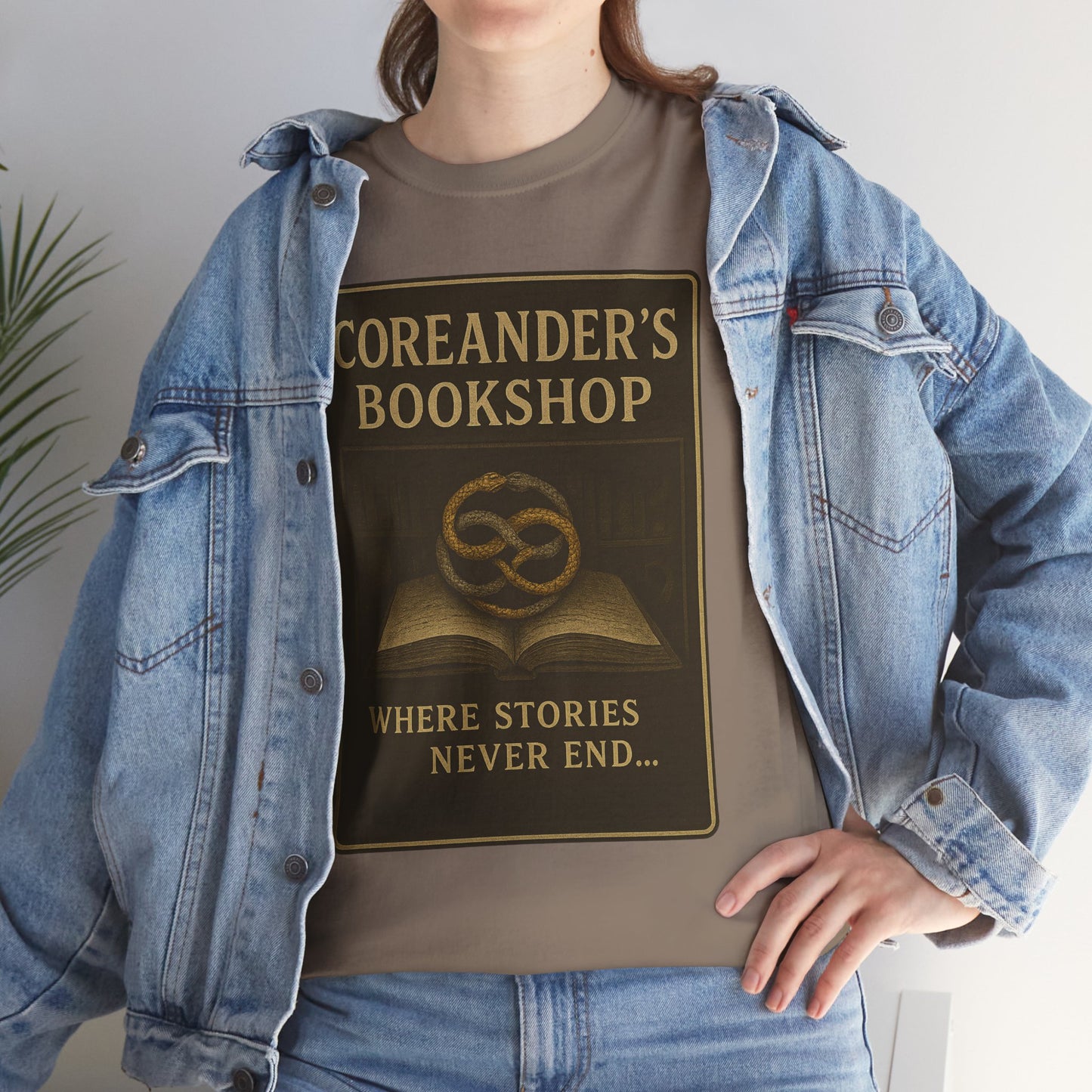 Printify Neverending Story t-shirt featuring Coreander's Bookshop design with book graphic and text