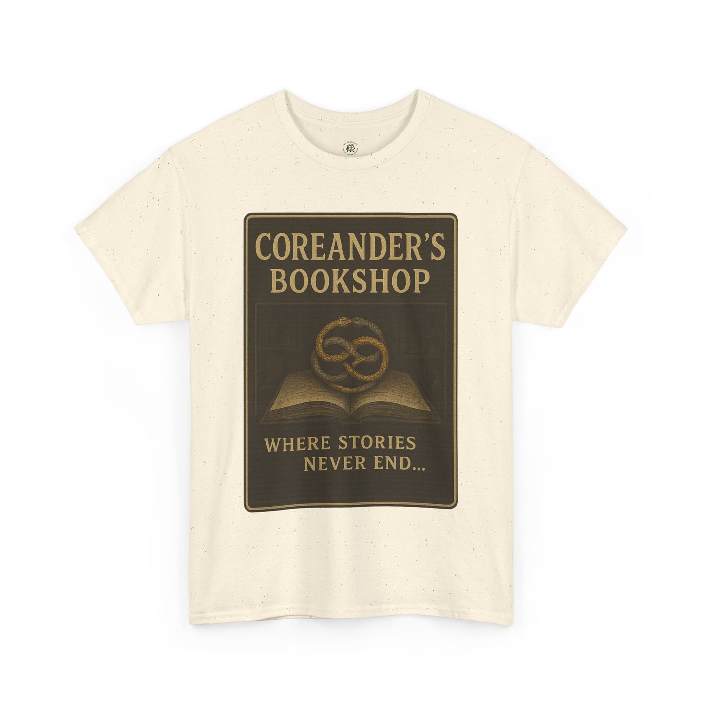 Printify Neverending Story t-shirt with Coreander's Bookshop vintage design and open book graphic