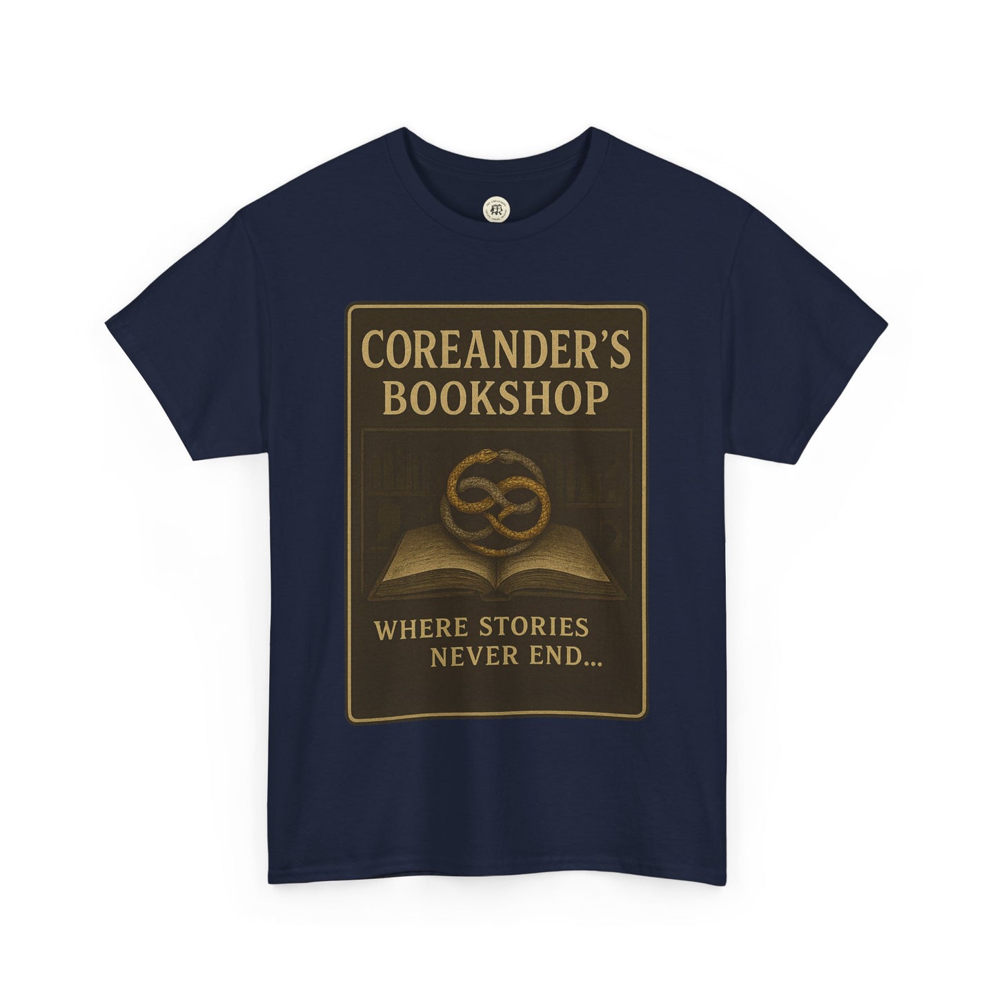Printify navy Neverending Story t-shirt with Coreander's Bookshop vintage design and open book graphic