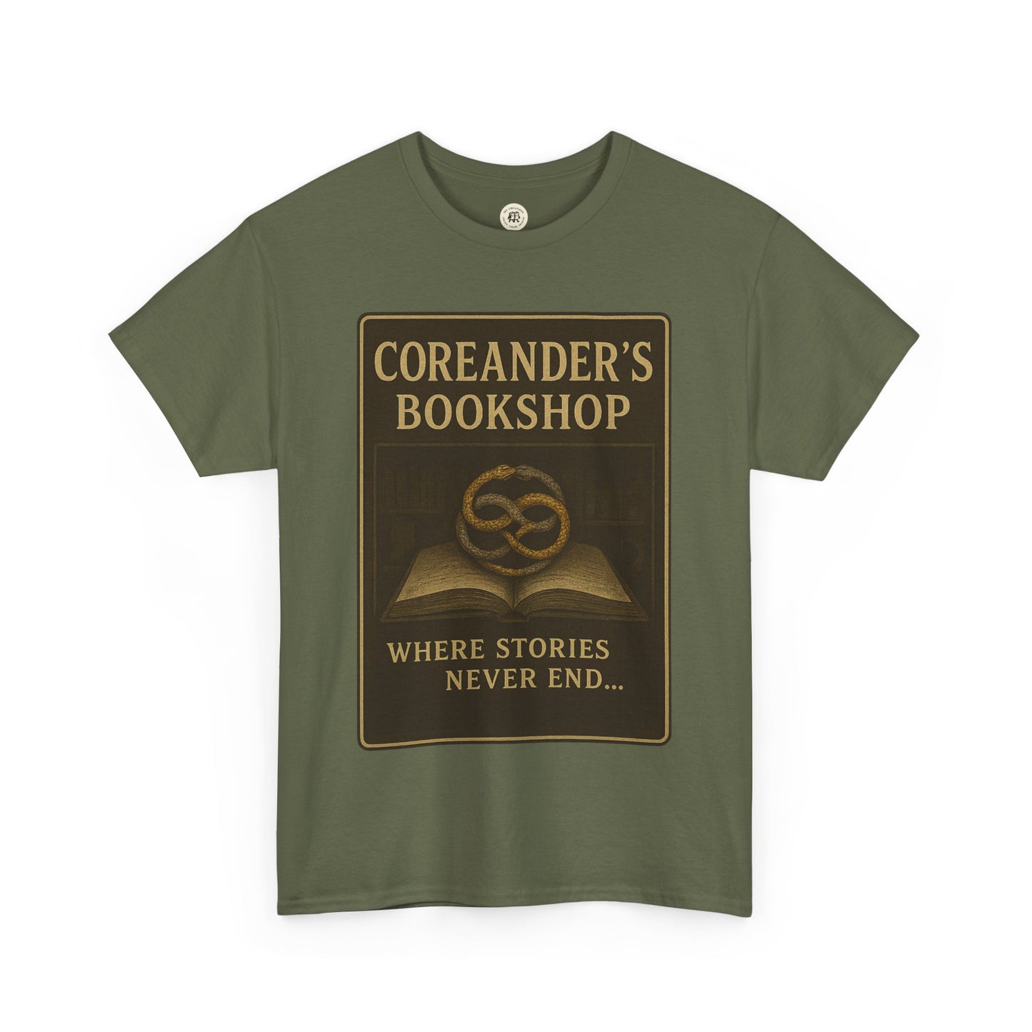Printify olive green Neverending Story t-shirt with Coreander's Bookshop design and vintage book graphic