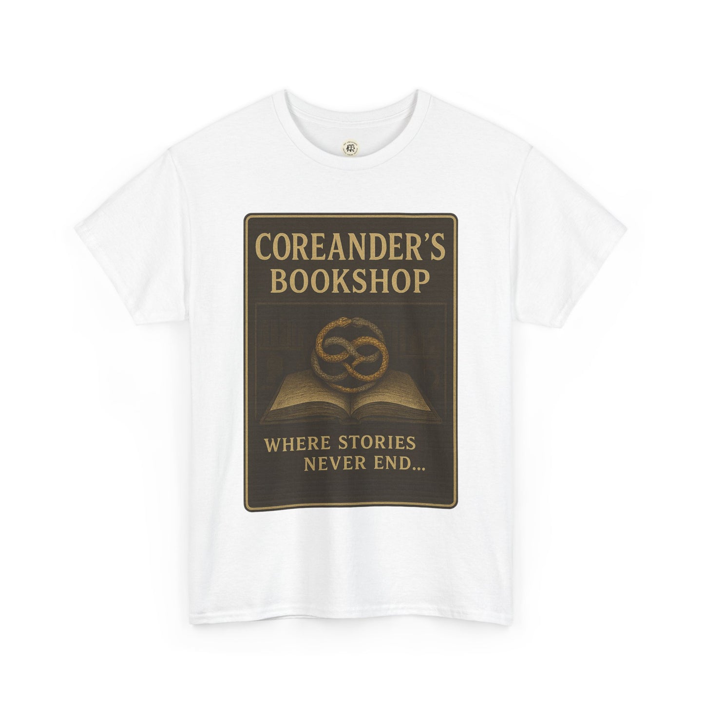 White Printify Neverending Story t-shirt with Coreander's Bookshop graphic and vintage book design