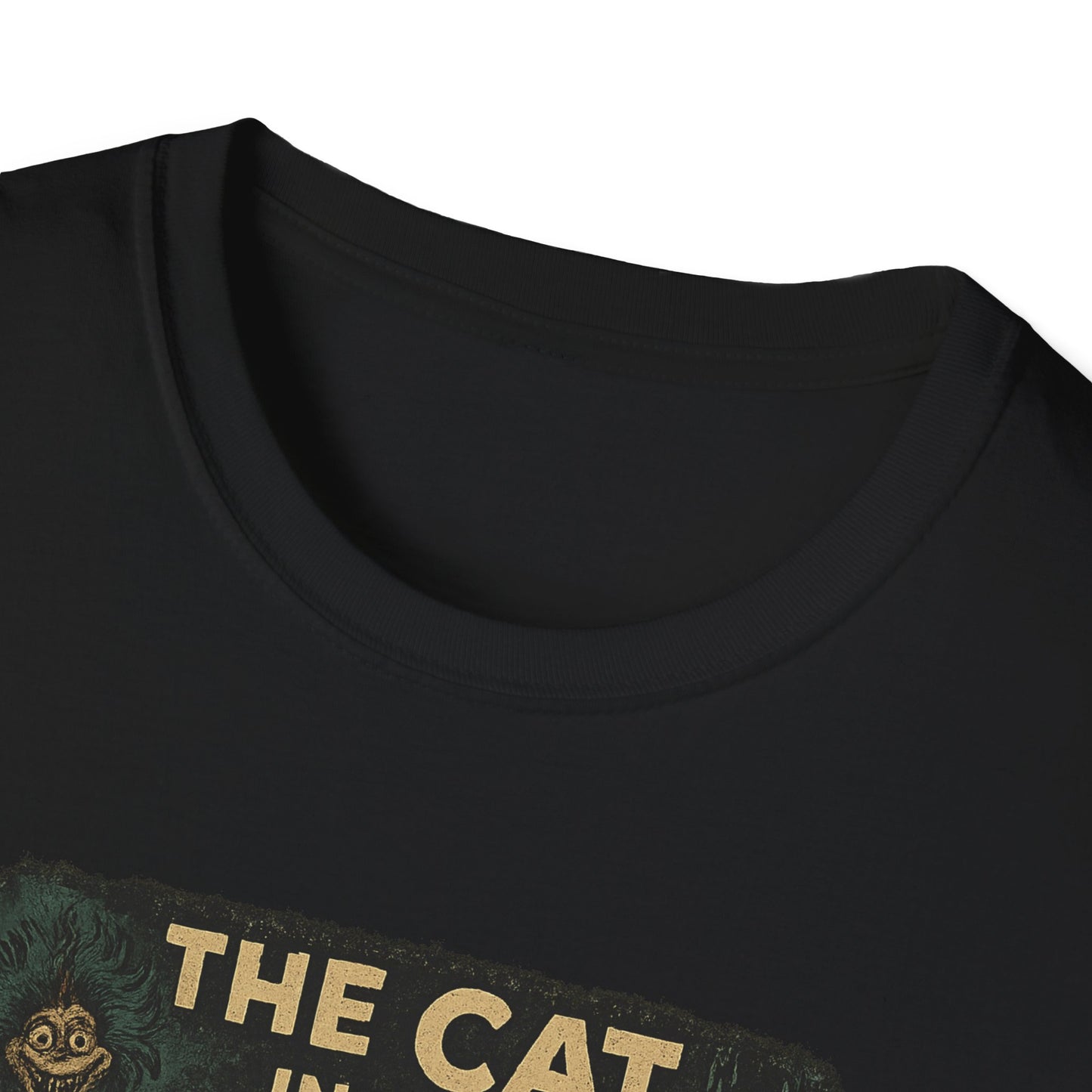 Black Printify t-shirt featuring a creepy Dr. Seuss mashup Halloween shirt design with spooky cat graphic