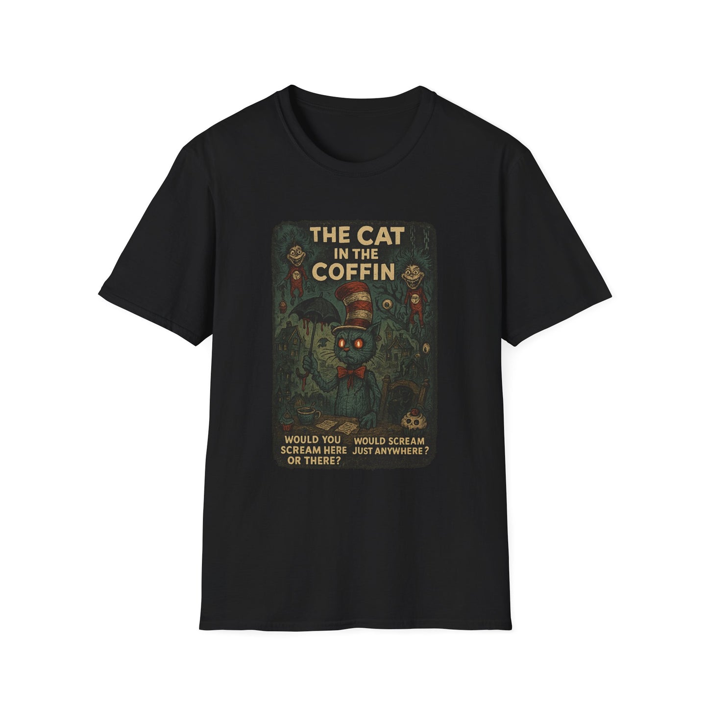Black creepy Dr. Seuss mashup Halloween shirt featuring spooky Cat in the Coffin design by Printify