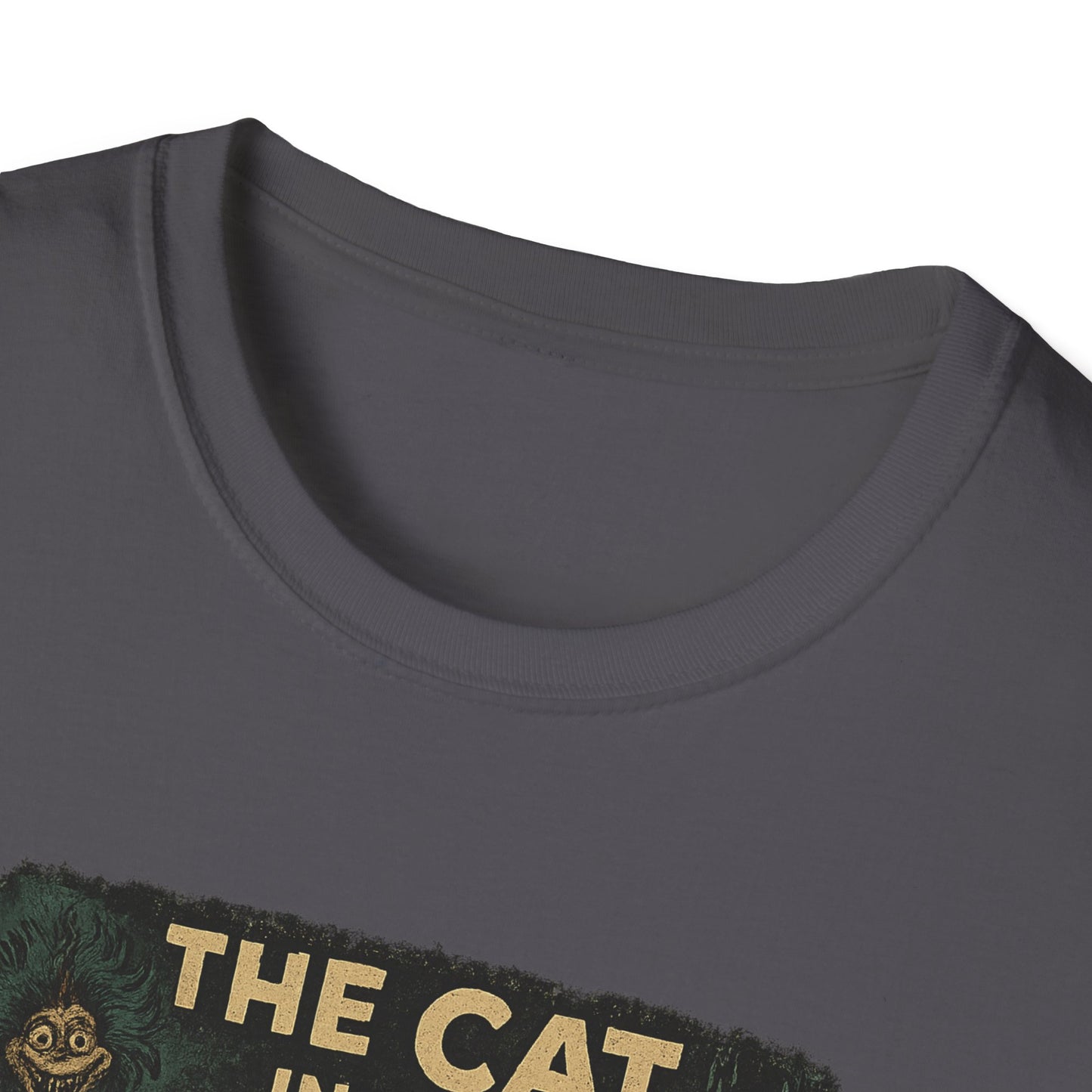 Dark gray Printify t-shirt featuring a creepy Dr. Seuss mashup Halloween shirt design with a spooky cat illustration