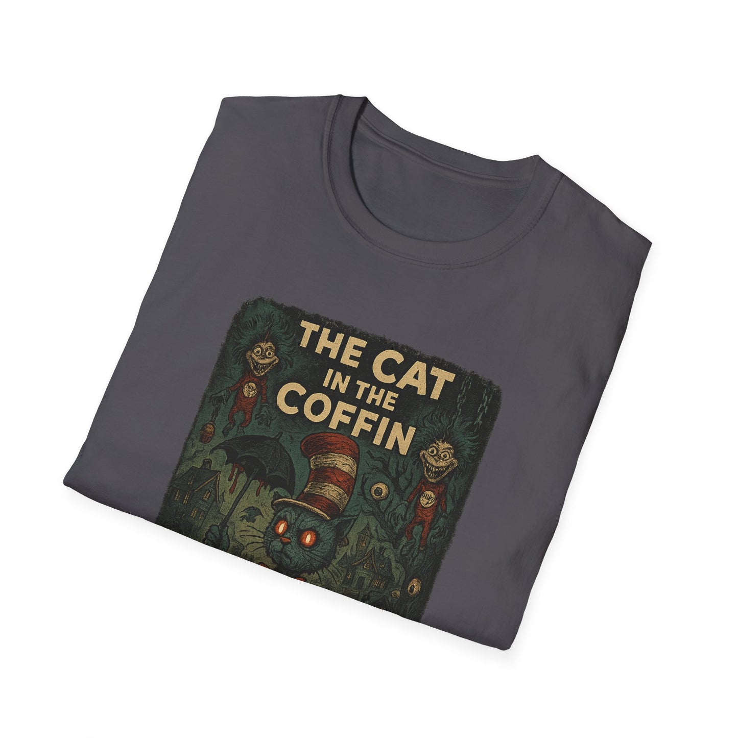 Folded dark gray creepy Dr. Seuss mashup Halloween shirt with spooky The Cat in the Coffin design