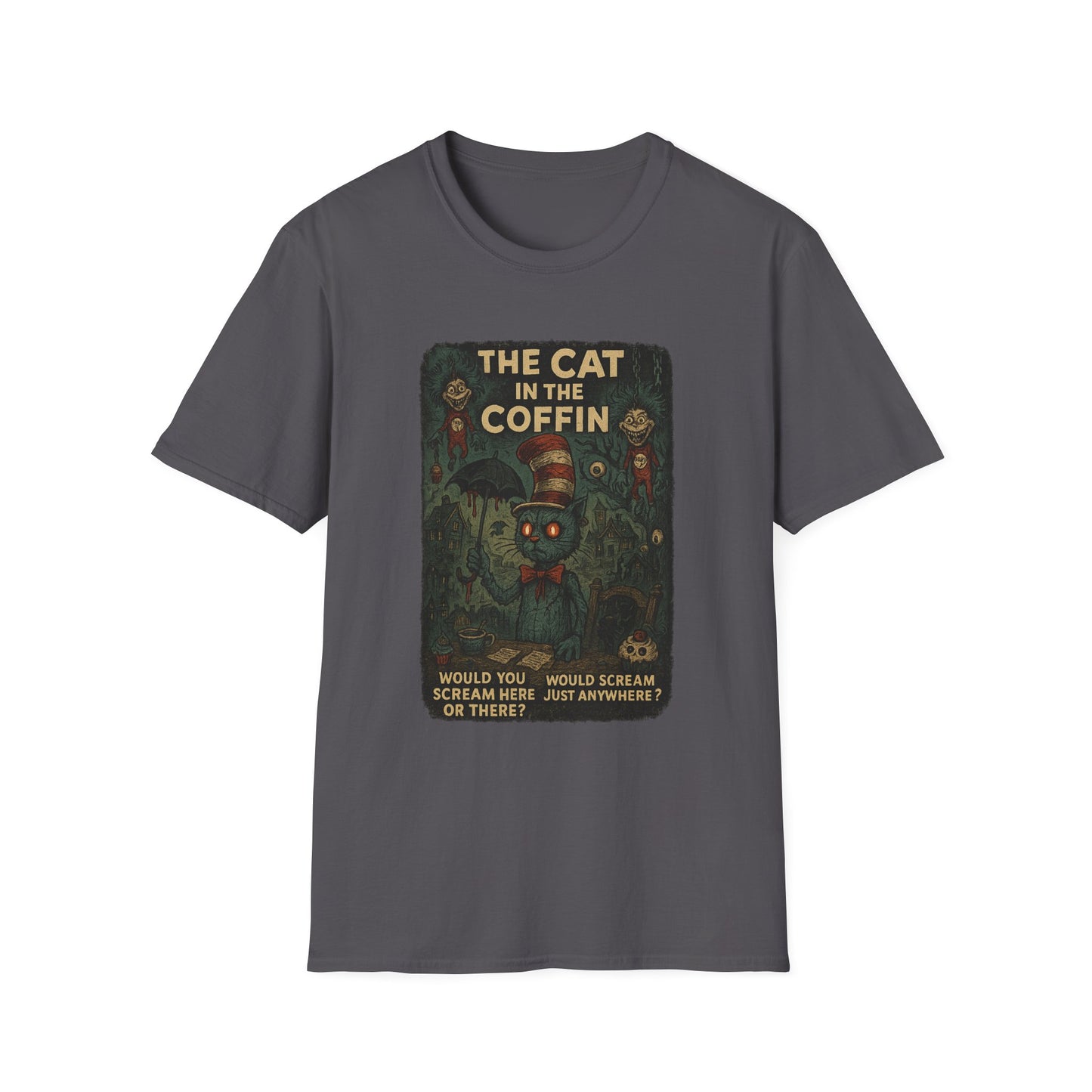 Printify creepy Dr. Seuss mashup Halloween shirt with spooky cat and coffin design