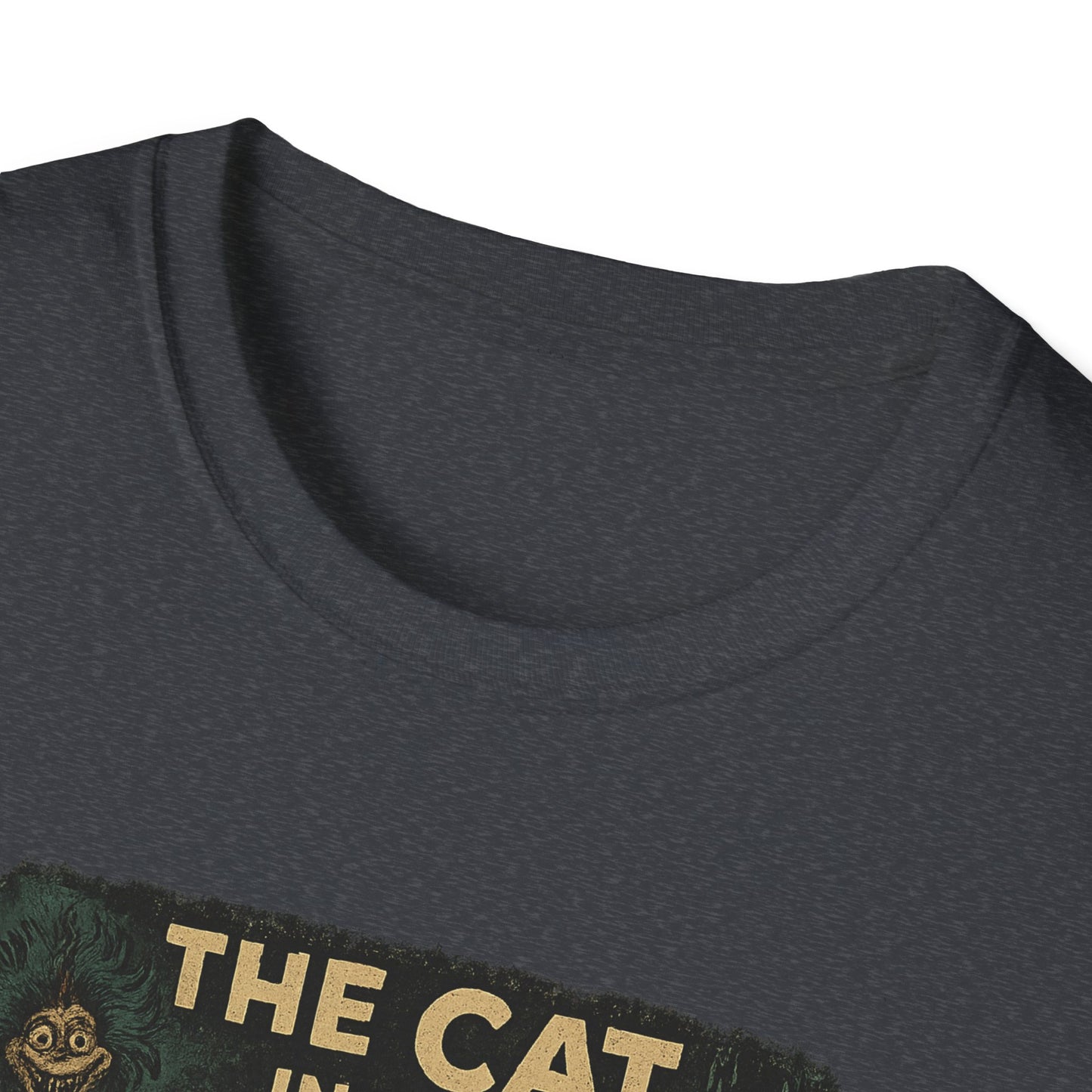 Close-up of a dark gray T-shirt collar featuring a creepy Dr. Seuss mashup Halloween shirt design by Printify