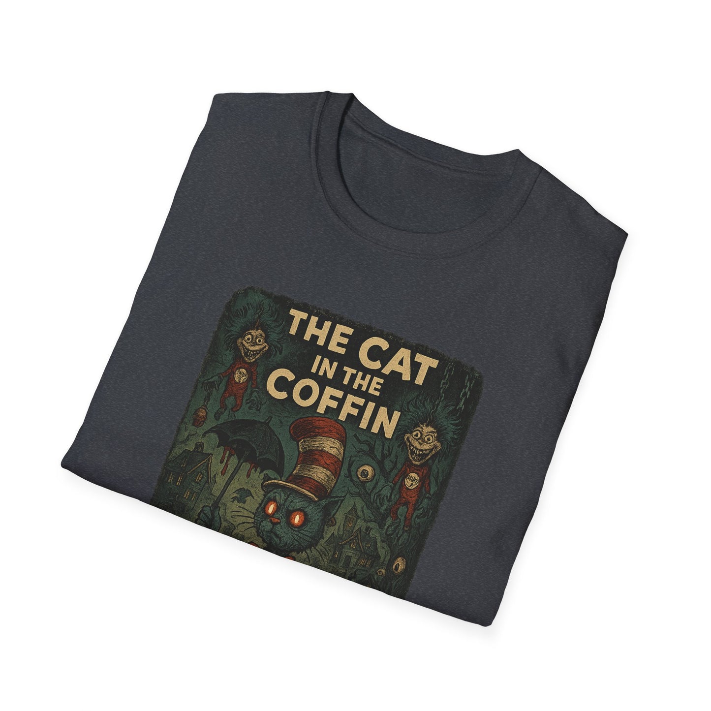 Printify creepy Dr. Seuss mashup Halloween shirt with The Cat in the Coffin spooky design