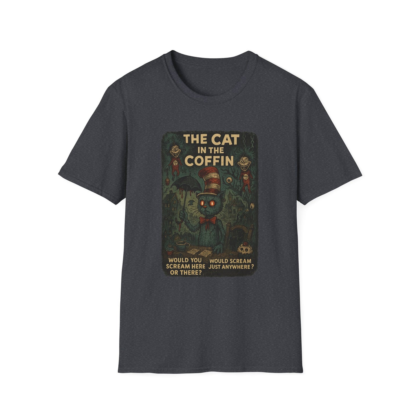 Creepy Dr. Seuss mashup Halloween shirt featuring spooky Cat in the Coffin design on black T-shirt