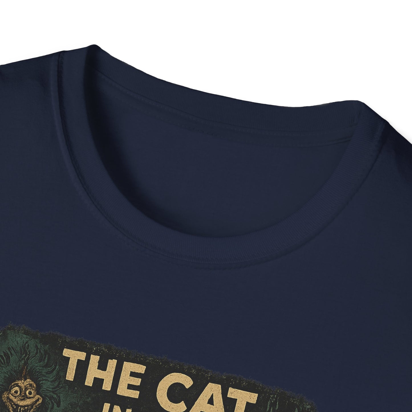 Close-up of navy Printify T-shirt featuring creepy Dr. Seuss mashup Halloween shirt design