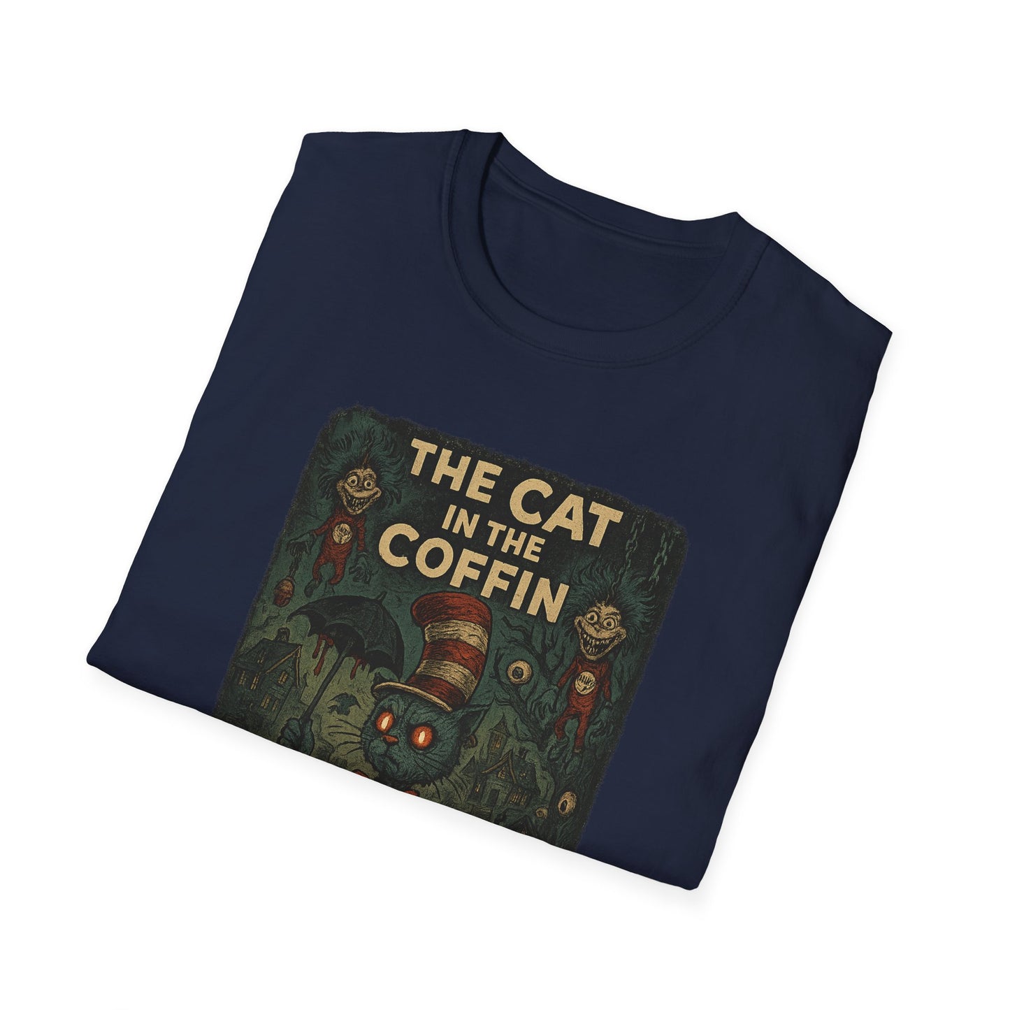 Navy Printify T-shirt with creepy Dr. Seuss mashup Halloween shirt design featuring eerie Cat in the Hat graphic